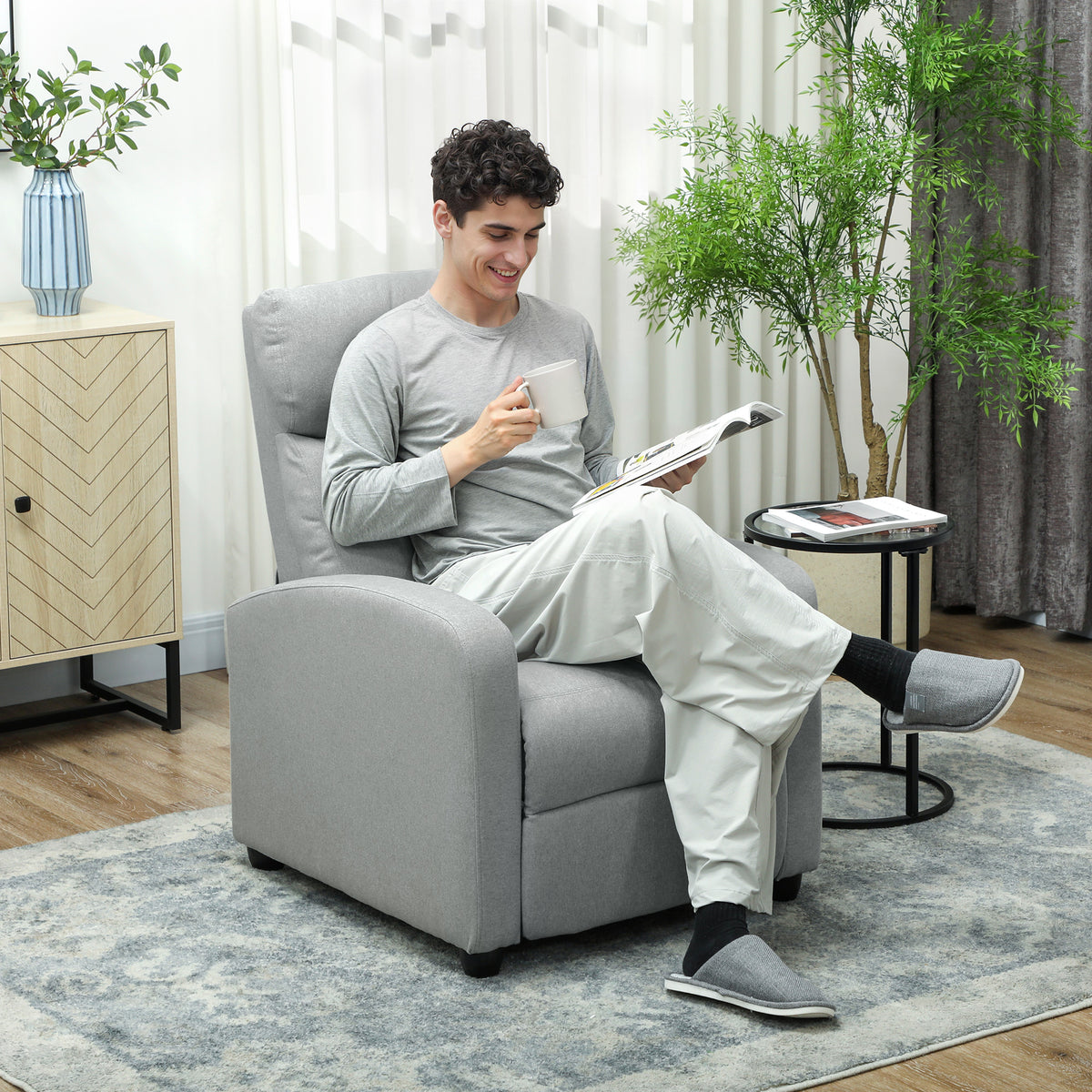 Relaxfauteuil, 135° verstelbaar, uitschuifbare voetensteun, gestoffeerde rugleuning, linnen-polyester (2)