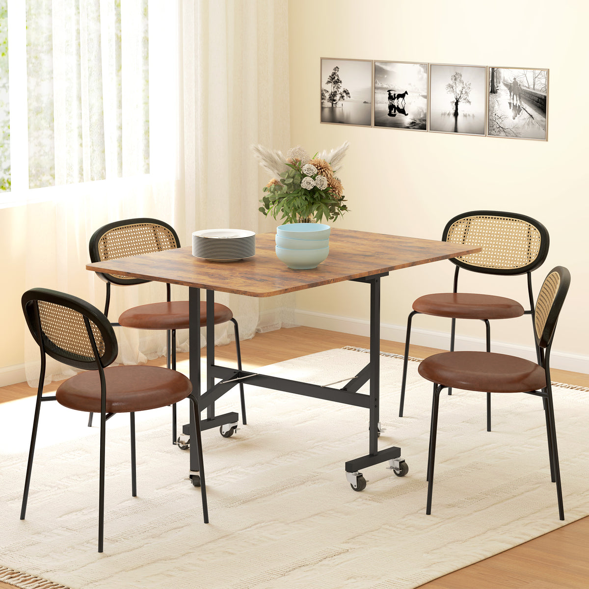 Opklapbare eettafel, geschikt voor maximaal 6 personen, met 6 wielen en remmen, voor kleine ruimtes, bruin (2)