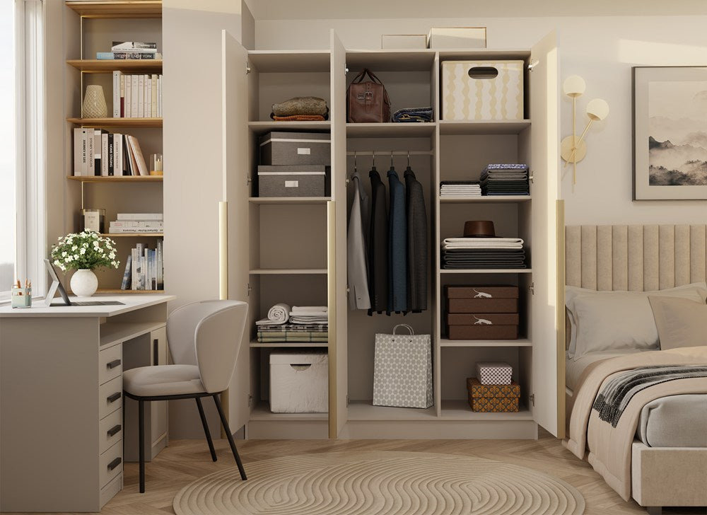 KLEIDERSCHRANK SENSO 3D 150 CM 3 TÜREN GOLDENE GRIFFE FÜR WOHNZIMMER SCHLAFZIMMER KASCHMIR BEIGE – Produktabbildung 2