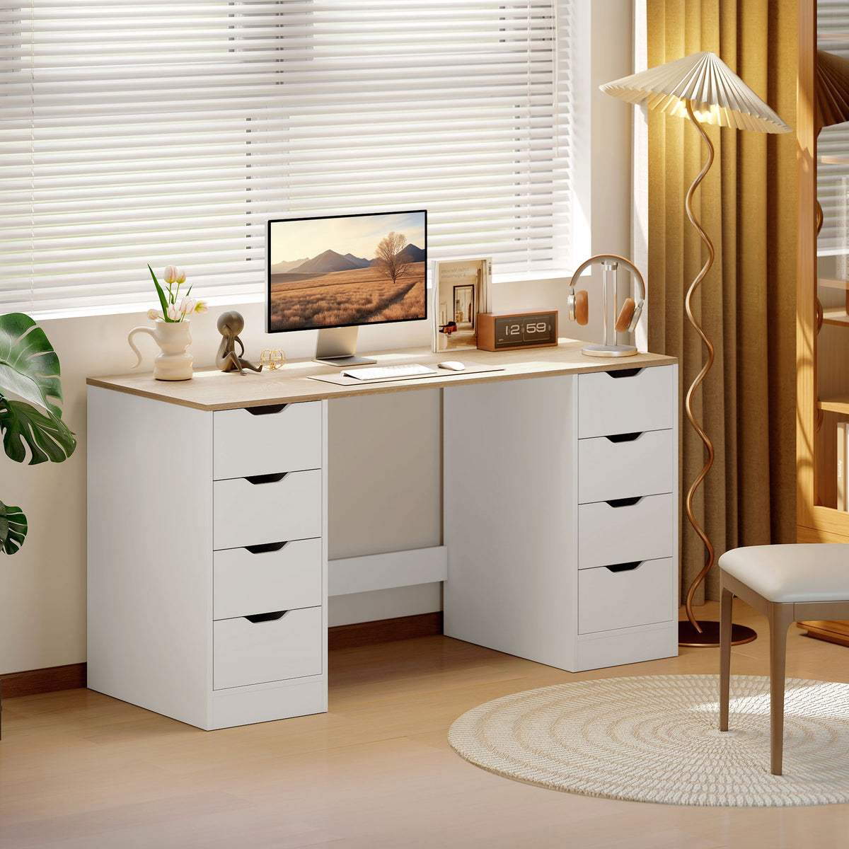 140 cm computertafel, 8 lades, bureau voor thuiskantoor, slaapkamer, staal, hout, naturel (2)