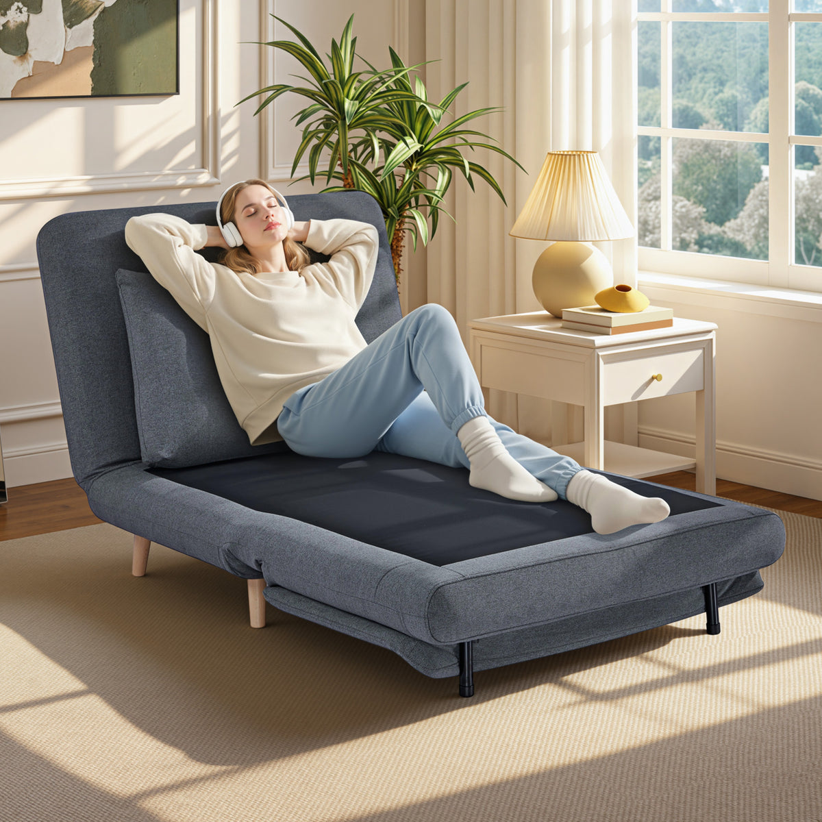 3-in-1 slaapfauteuil met bedfunctie, ligstoel, verstelbare rugleuning, beukenhouten poten, kussen, grijs (2)