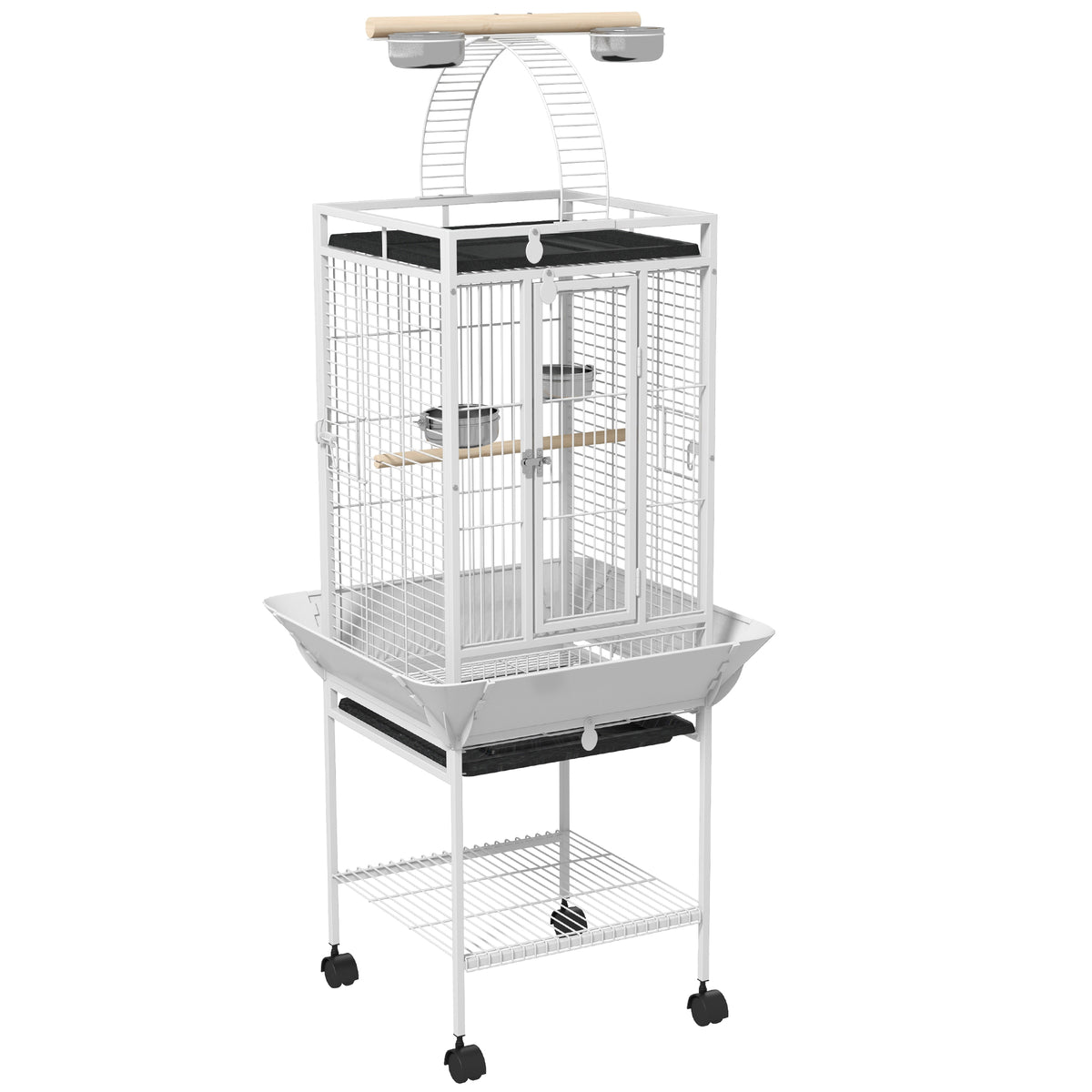 Vogelkooi, papegaaienkooi met 3 deuren, 2 zitstokken, 360°-wieltjes, voerbak, opbergplank, speelplaats, 62,5x62