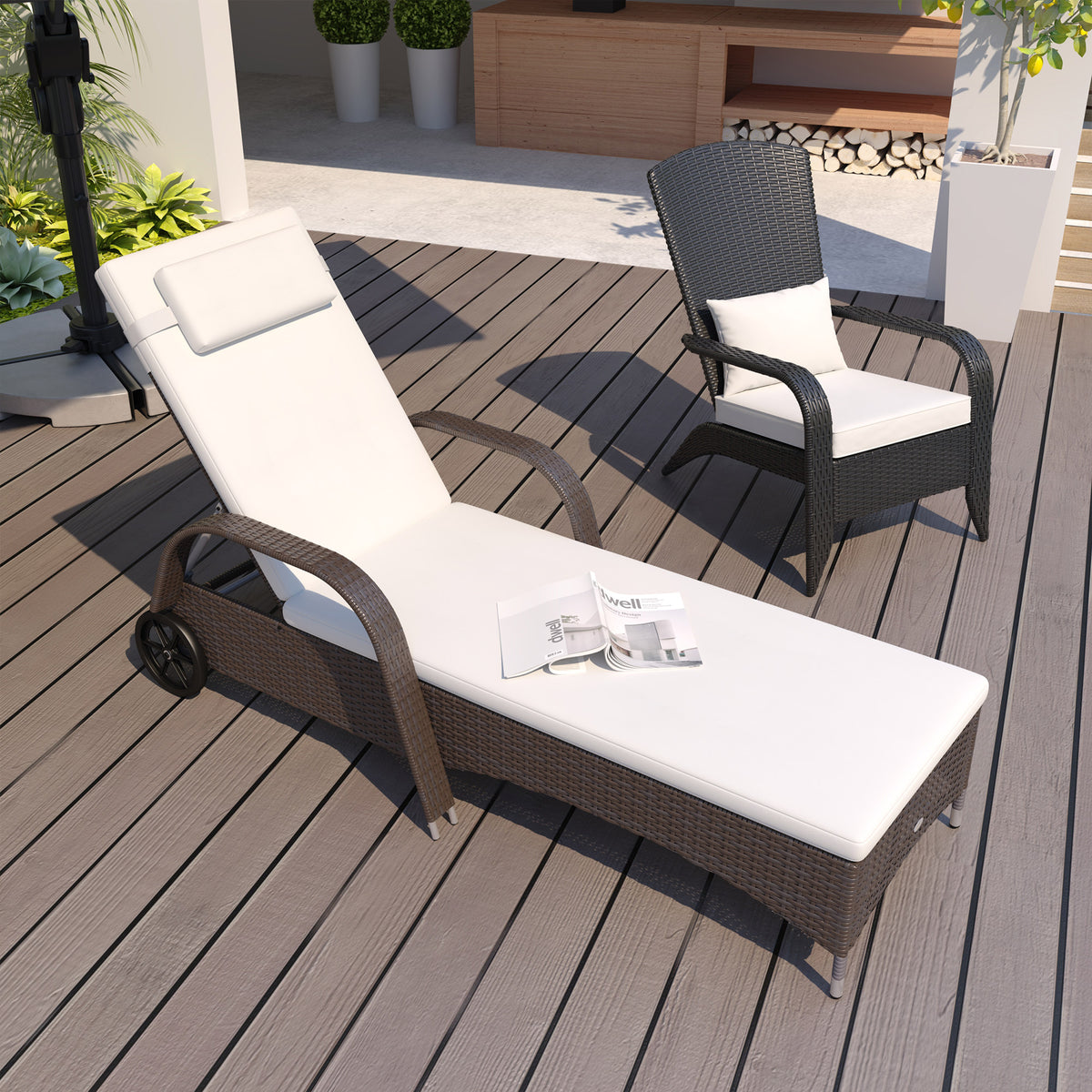 Tuinligbed met kussen, verstelbare rugleuning, metalen frame, wicker, bruin+crème, 200 x 73 x 103 cm (2)