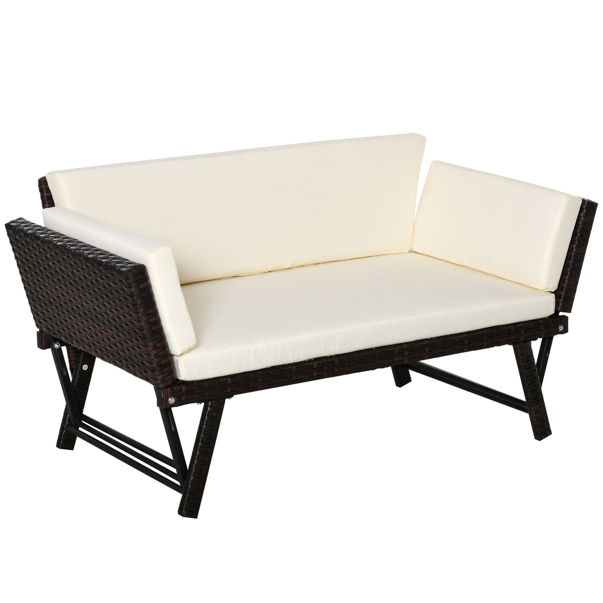 Polyrattan tuinbank 2-zits tuinmeubelen loungesofa tuinbank tuinligbed inklapbaar armleuningen staal bruin 129 x