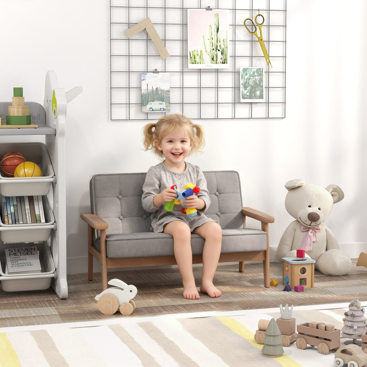 Kinderfauteuil, kinderbank met houten frame, fluweel-look, gestoffeerd, voor kinderen van 3-8 jaar grijs (2)