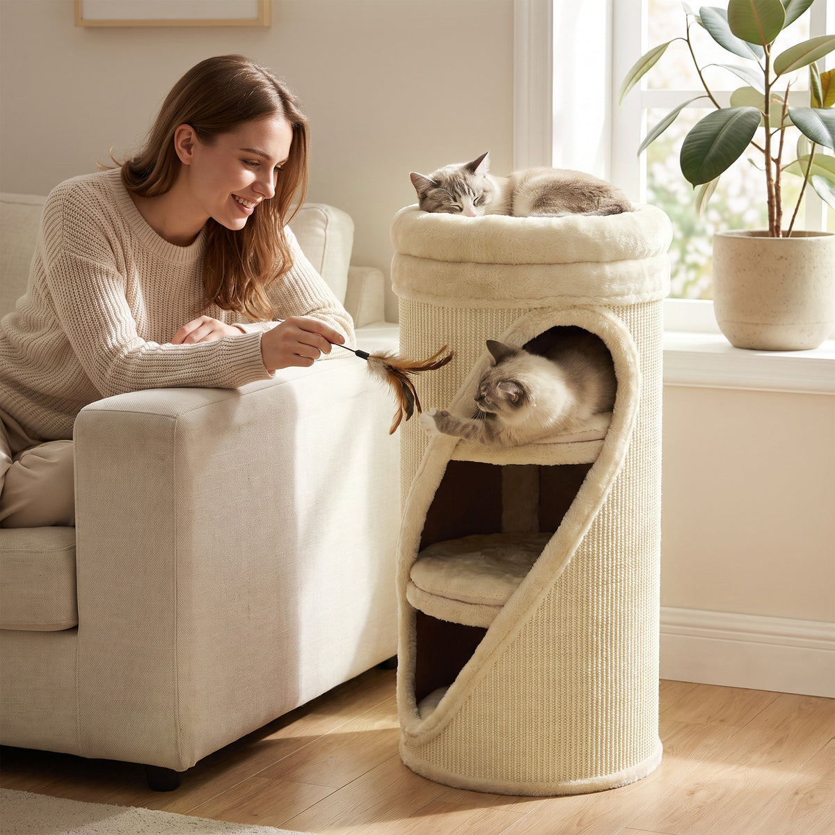 Krabton 75 cm hoog Ø 35 cm 4-traps kattenton met 3 holen, afneembaar wasbaar pluche bed sisal-kraboppervlak (9)