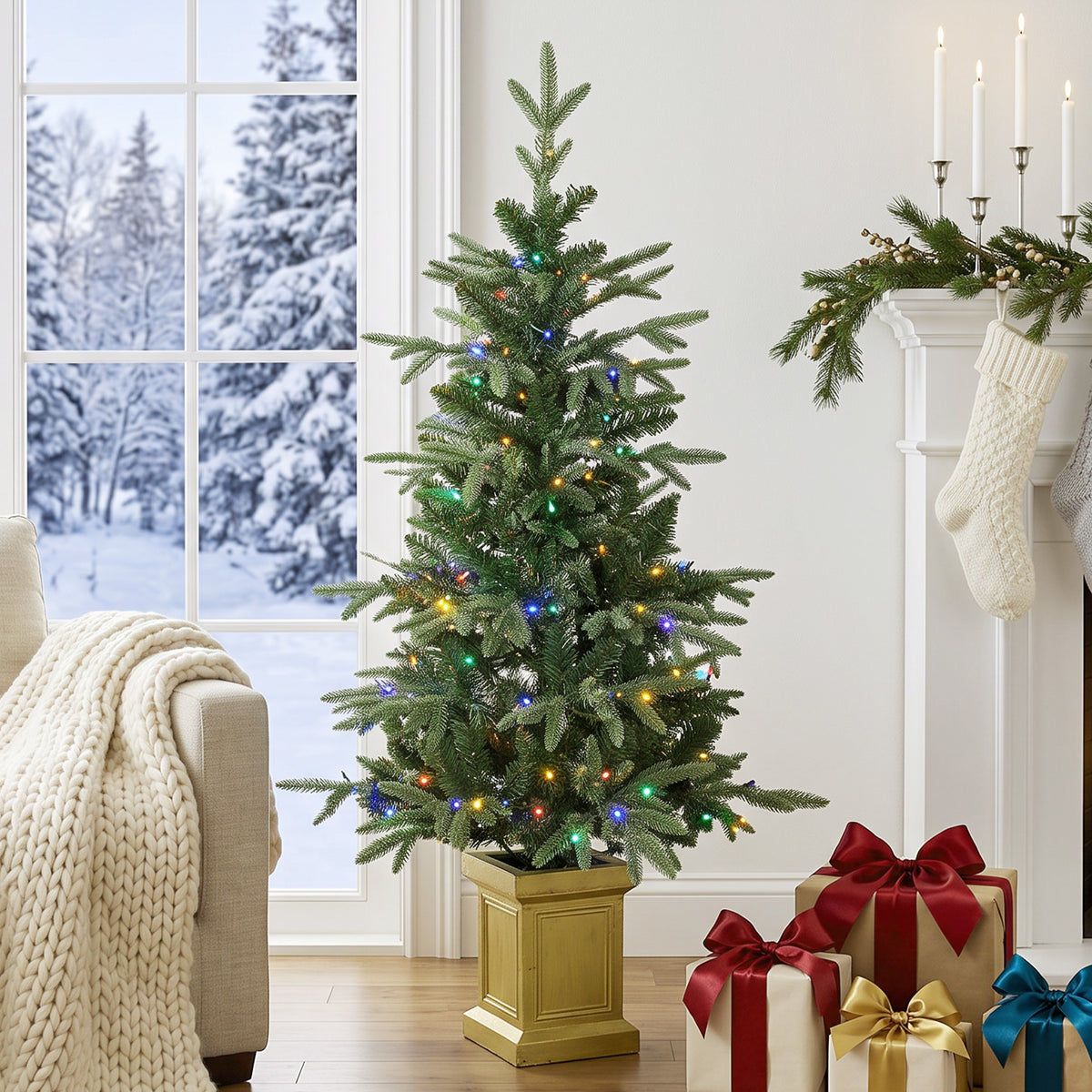 Kunstkerstboom, 120 cm kerstboom met 110 ledlampjes, 147 takpunten, 2 lichtkleuren, afstandsbediening (2)