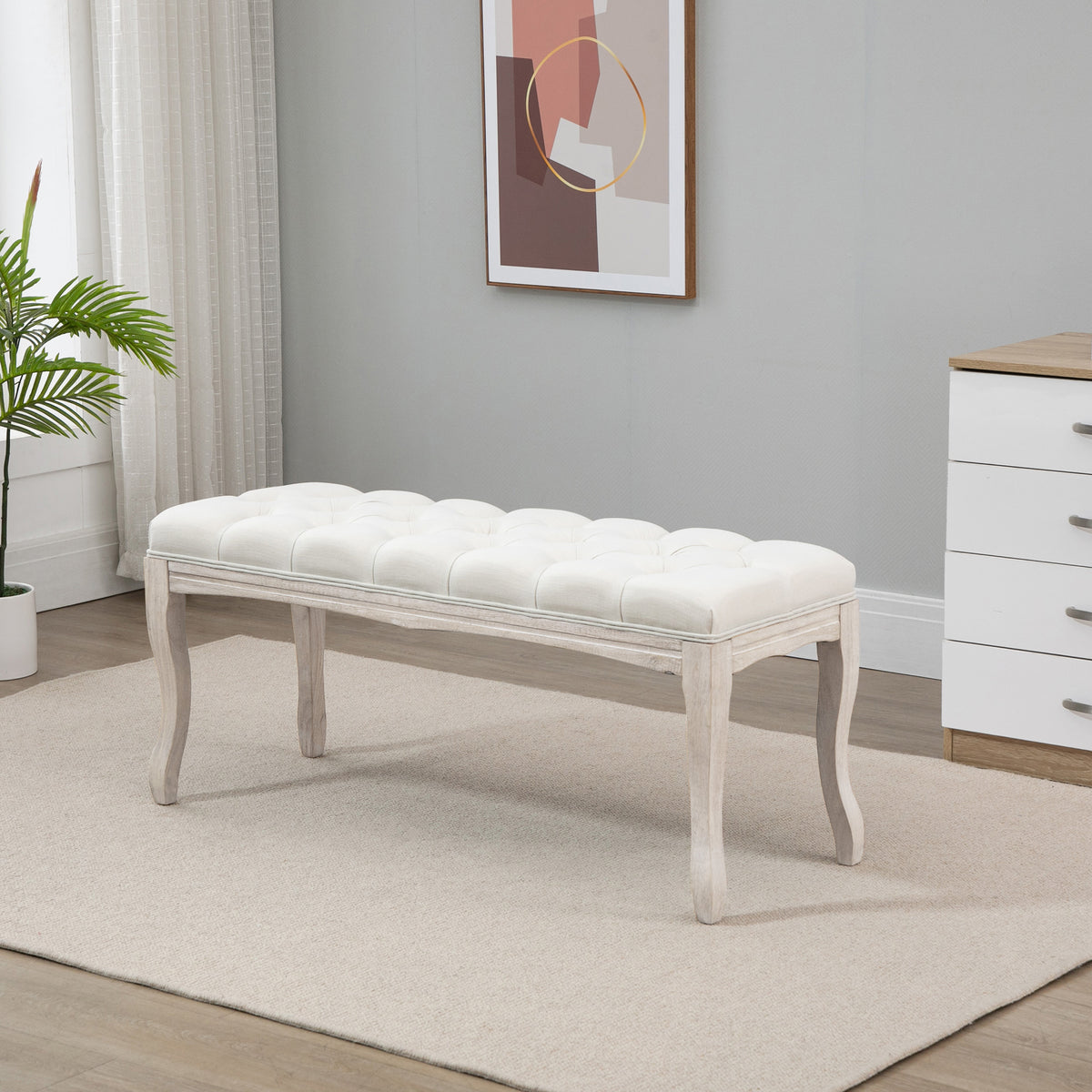 Gestoffeerde bank met linnen bekleding, bedbank met houten frame, schoenenbank voor slaapkamer, woonkamer, hal (2)