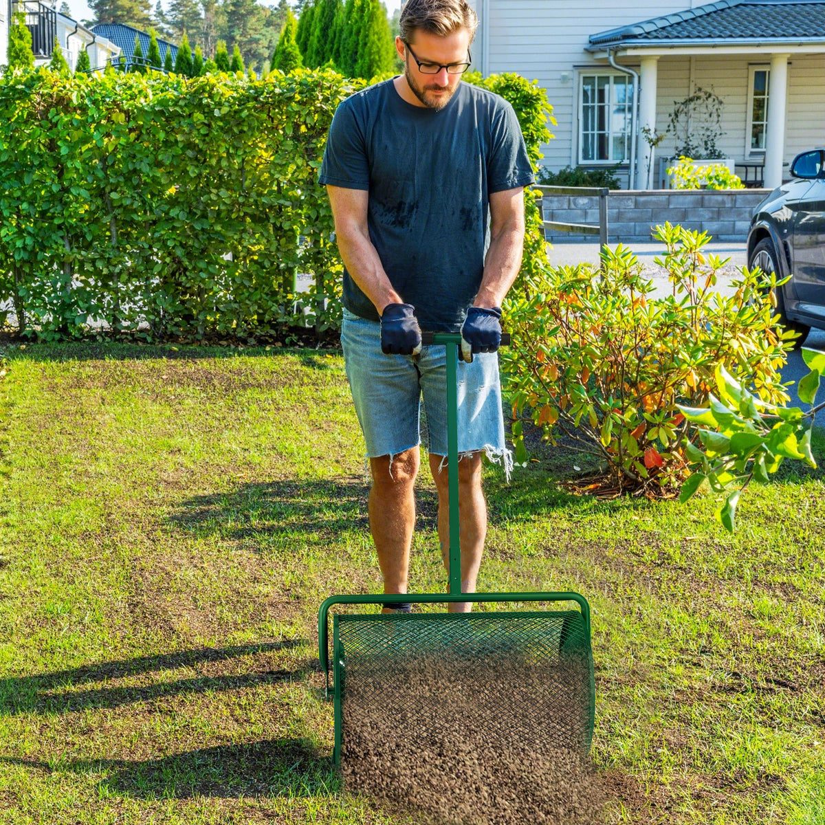 Compoststrooier 75L 61x40cm kunstmeststrooier gazon tuin met T-greep gaasmand metaal groen (2)