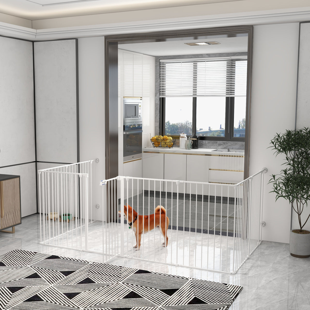 2-in-1 puppyren en veiligheidshek, 8 panelen, afsluitbare deur, staal, 90 cm hoog, wit (2)