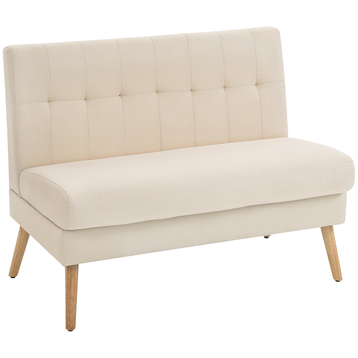 2-zitsbank, getufte rugleuning, houten poten, dikke bekleding, linnenlook, voor kleine ruimtes, beige