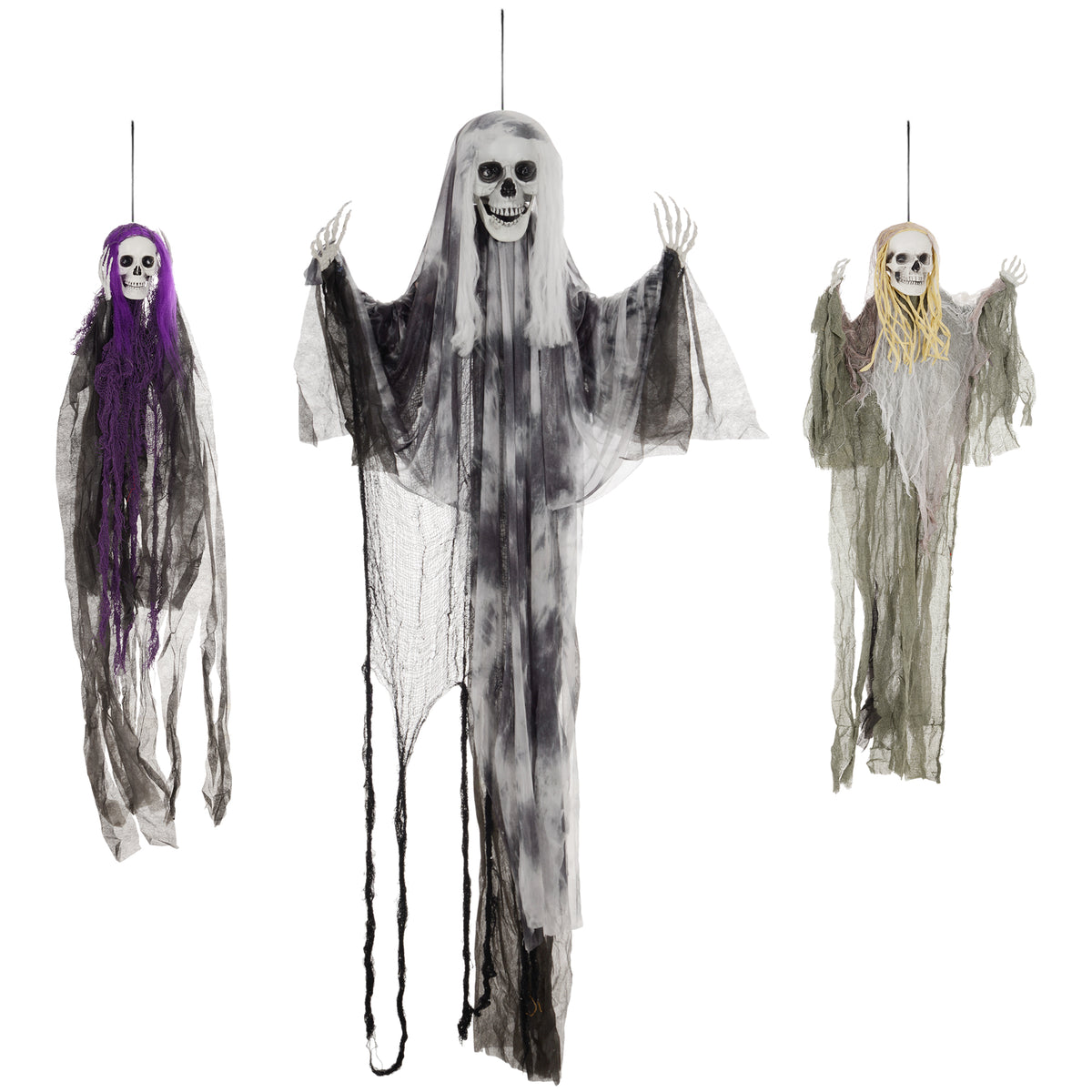 Hangende skeletgeesten, 3-delige set, Halloweendecoratie, verstelbare armen, 90/110/200cm