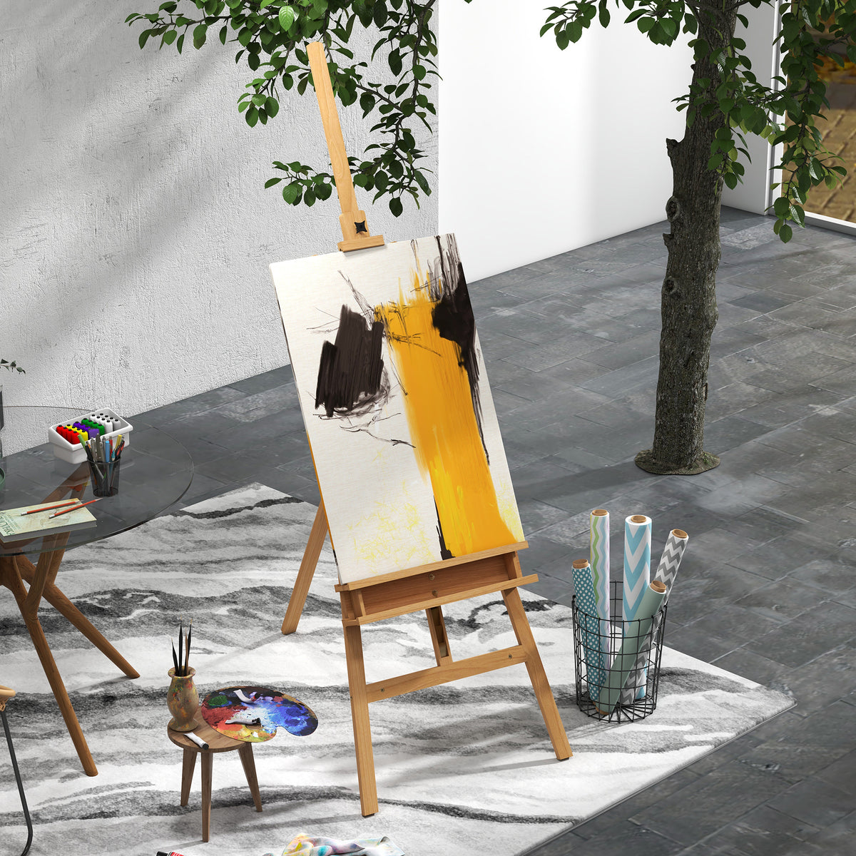 Ezel, houten ezel, in hoogte verstelbaar, inklapbaar, pennenplankje, beukenhout, 65 x 110 x 180-235 cm (2)