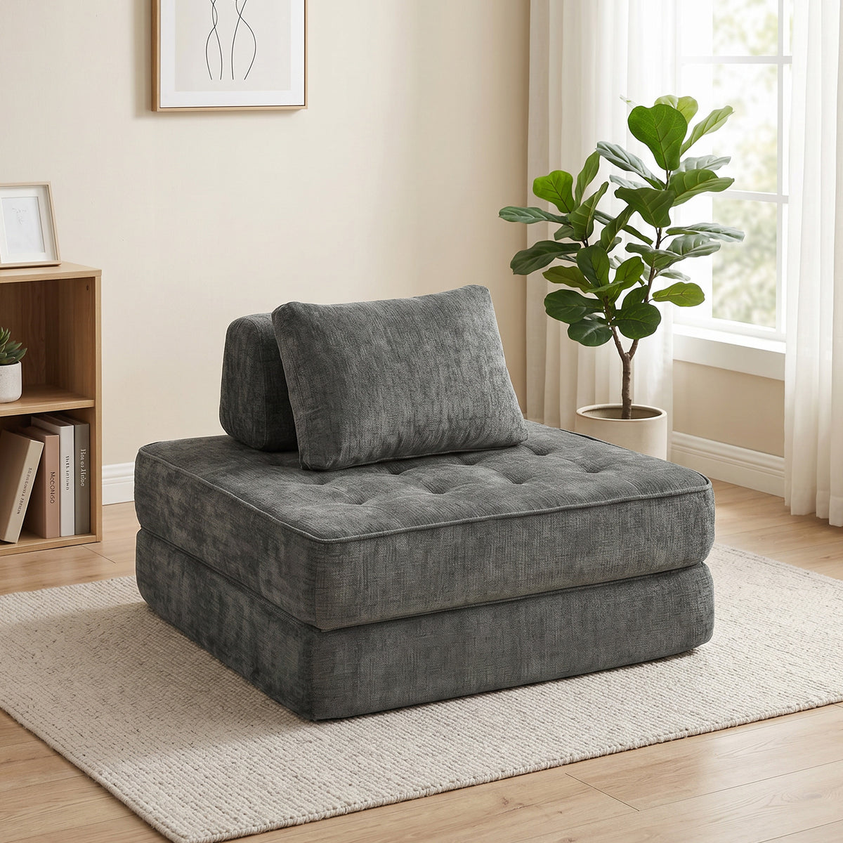 2-in-1 'Cloud' slaapfauteuil zonder frame, opvouwbare chenille vloerstoel met dik steunkussen, grijs (2)