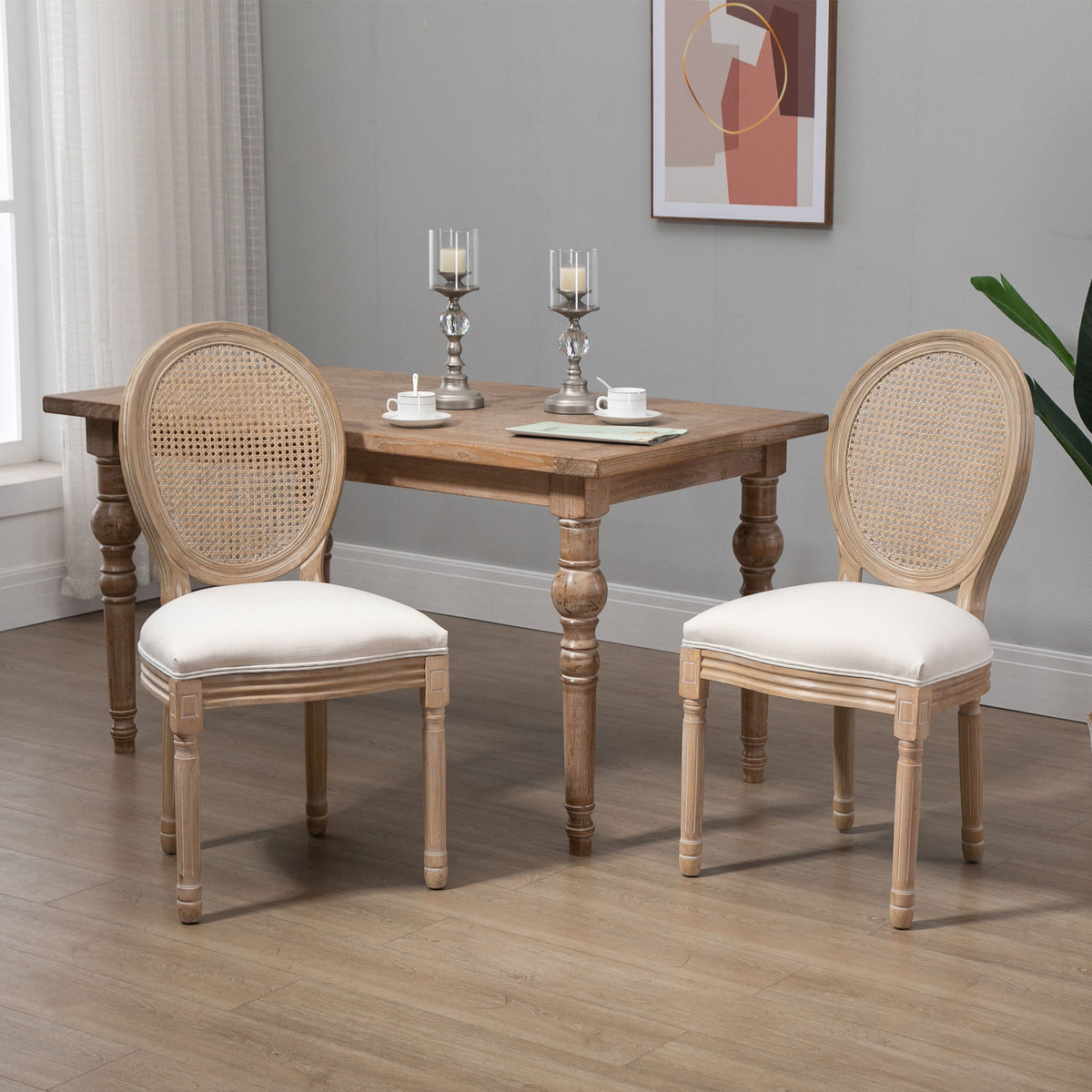 2-delige set eetkamerstoelen gestoffeerd met Weens vlechtwerk, massief hout, 49 cm x 56 cm x 96 cm, crème-wit + (2)