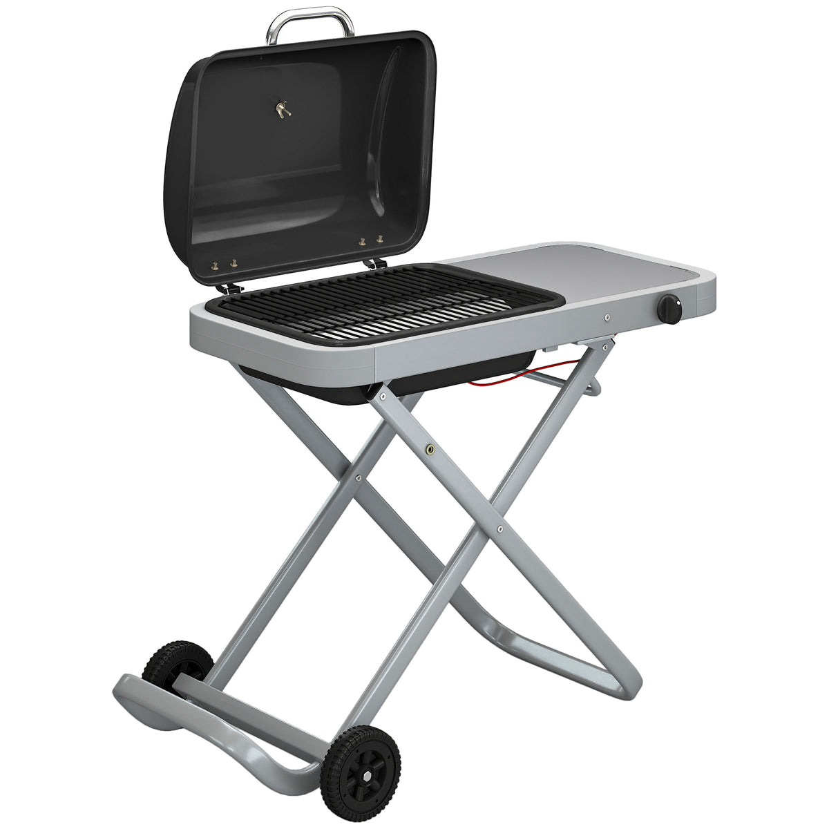 Draagbare gasbarbecue 1-brander 2,5kW grillwagen met inklapbaar onderstel grillrooster bijzettafel deksel