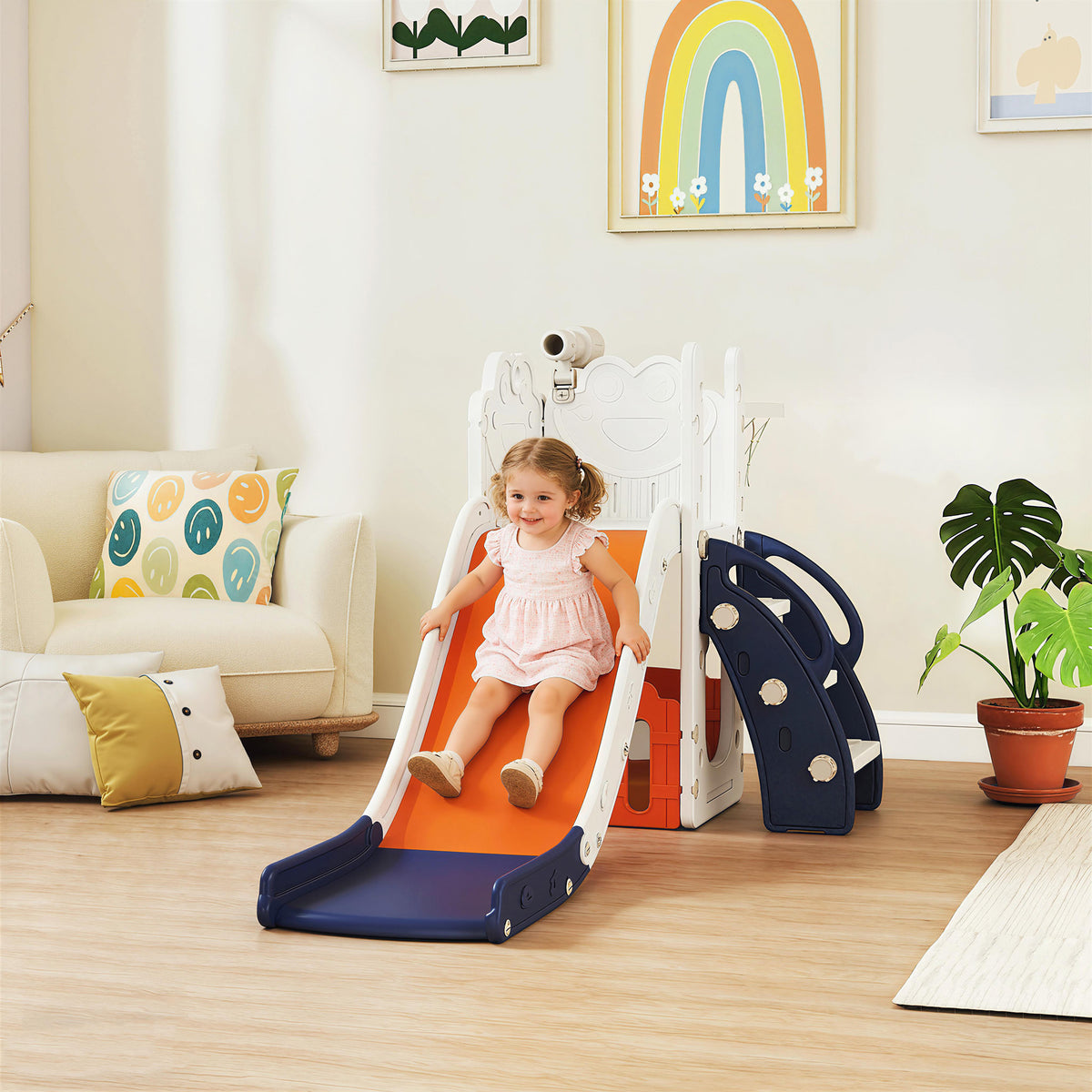 5-in-1 kinderglijbaanset, telescoop, basketbalring, kunststof, oranje+donkerblauw (2)