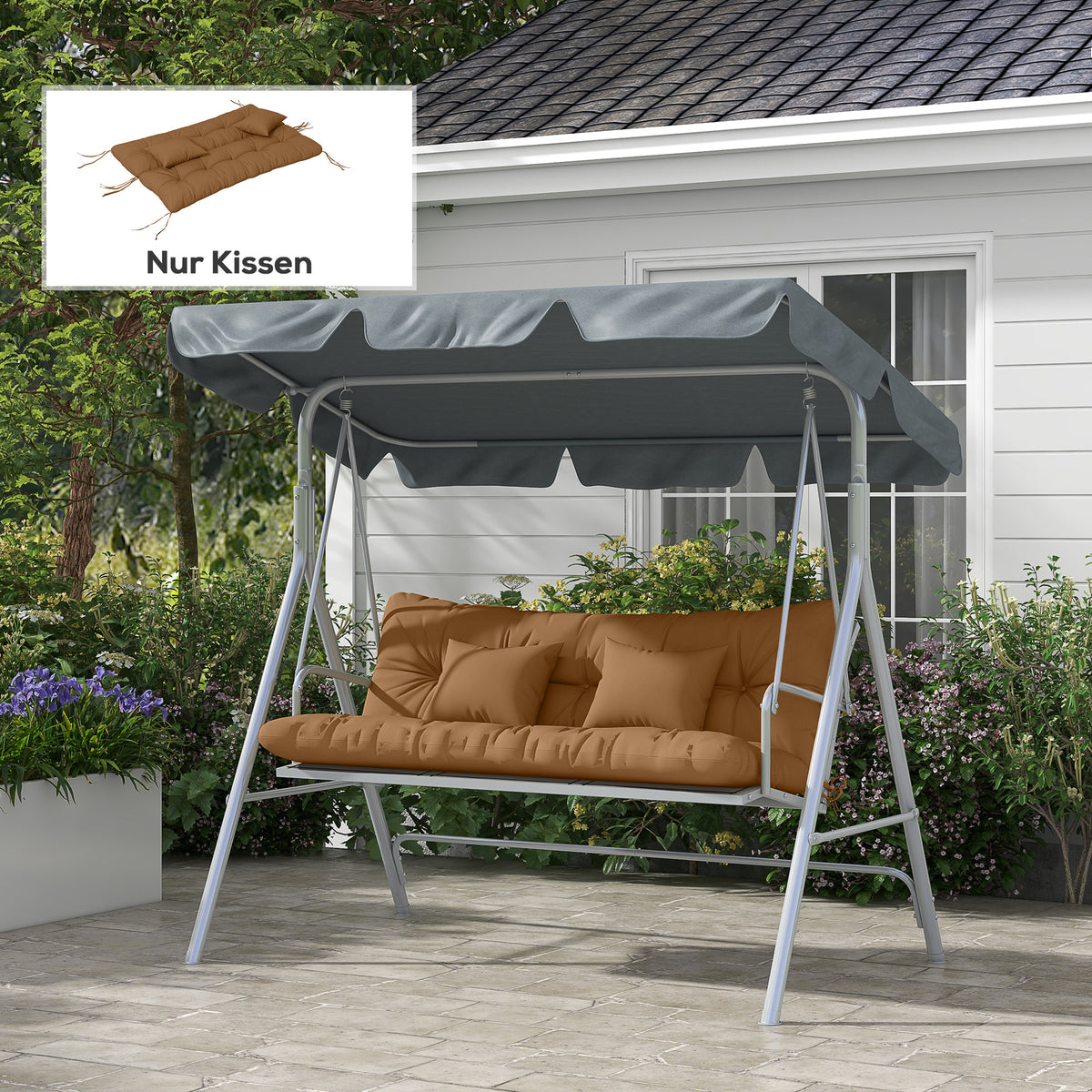 4-delige set zitkussens, 150x50 cm waterafstotende stoelkussens met bevestigingslinten, 10 cm dik, bruin (2)