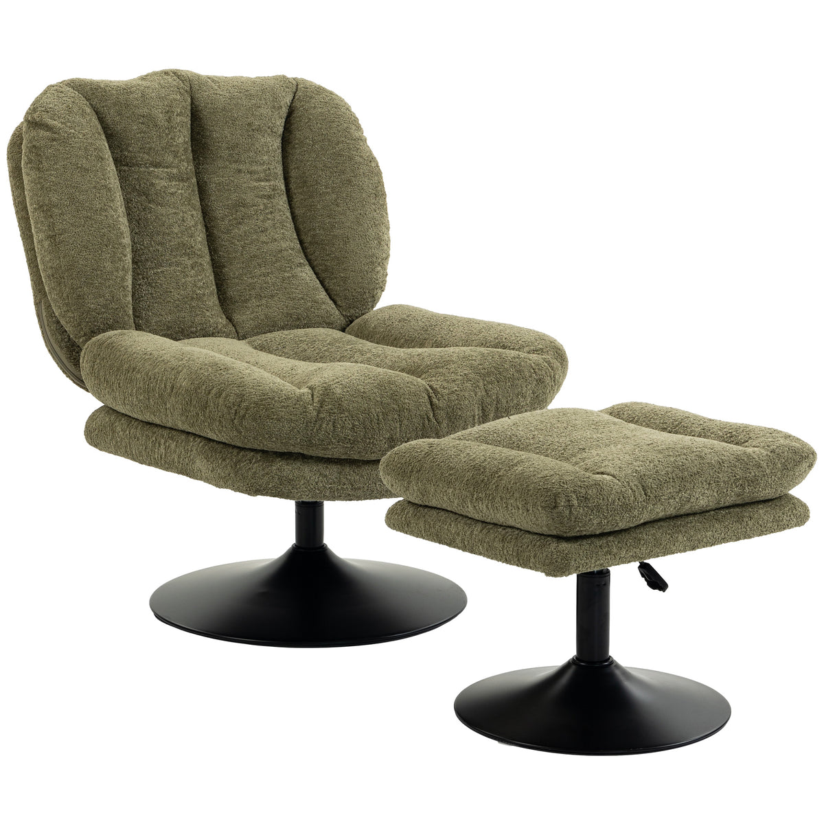 Loungestoel met hocker, 360° draaibaar, van Raindrop-fluweel, in hoogte verstelbare voetenbank, groen