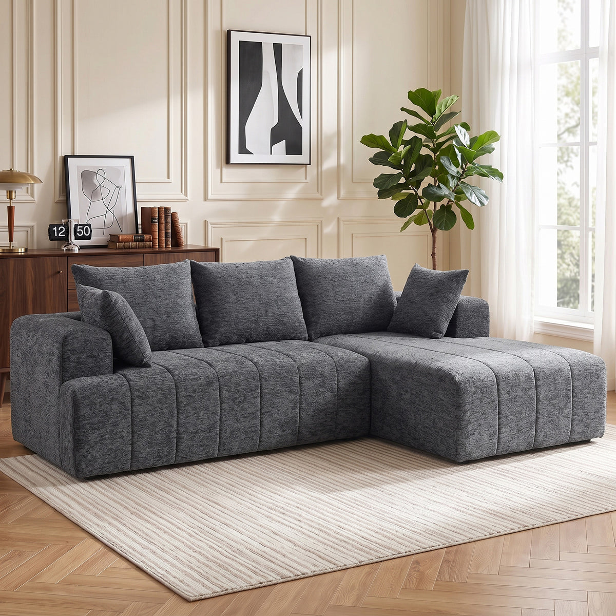 3-zits hoekbank in L-vorm met ottomane, converteerbare chenille-cloud-slaapbank met binnenveringbekleding, grijs (2)