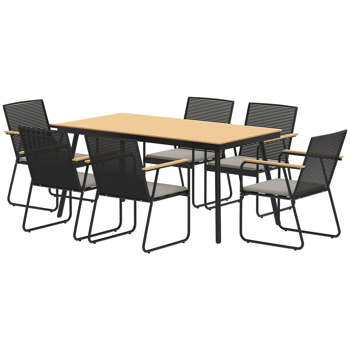 7-delige zithoek metalen eetset voor 6 personen eettafel met 6 stoelen eetkamerset natuurlijk hout+zwart