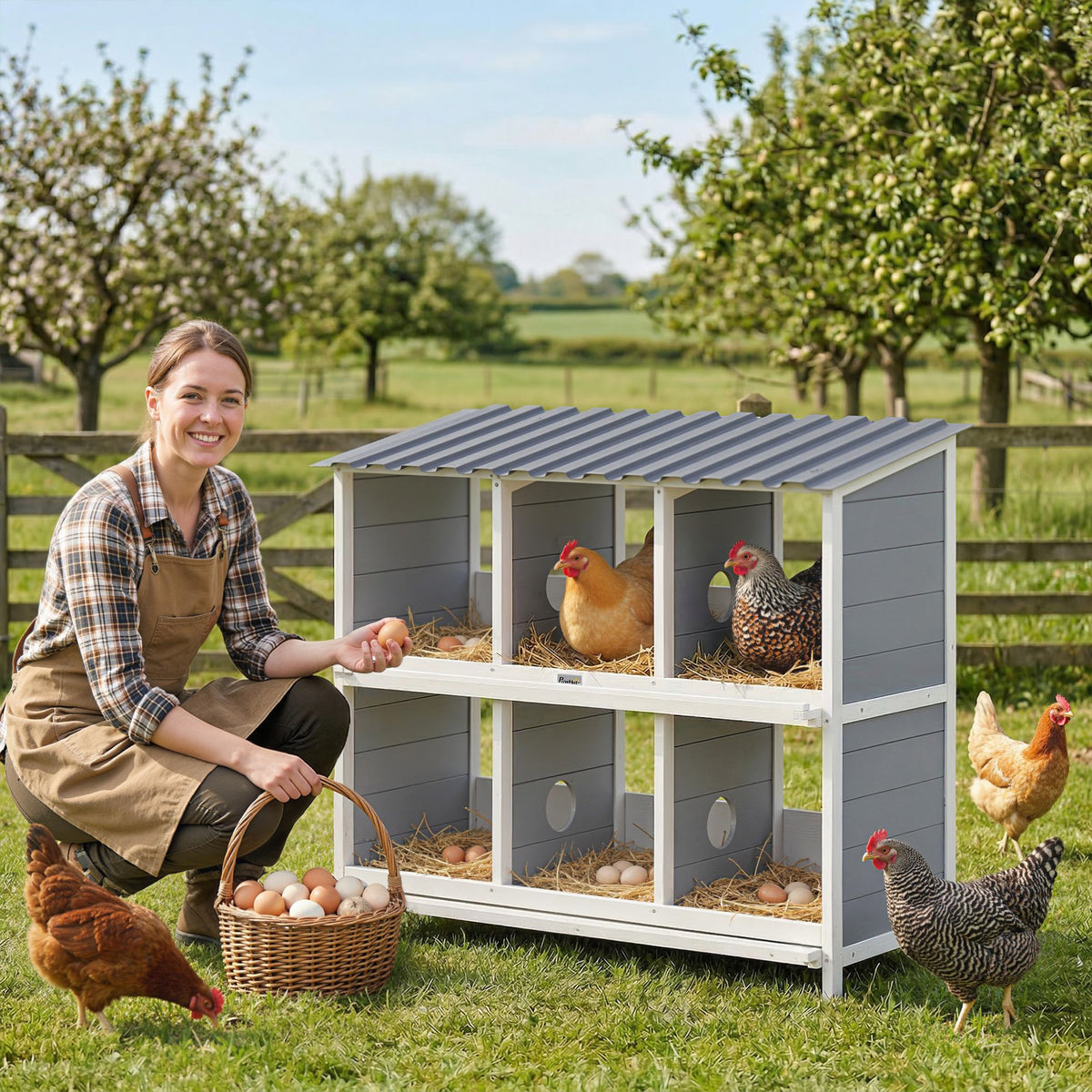 Legnest voor kippen, verhoogd houten kippennest met 6 vakken, 2 zitstokken voor dierenverblijf 102 x 50 x 91 cm (2)