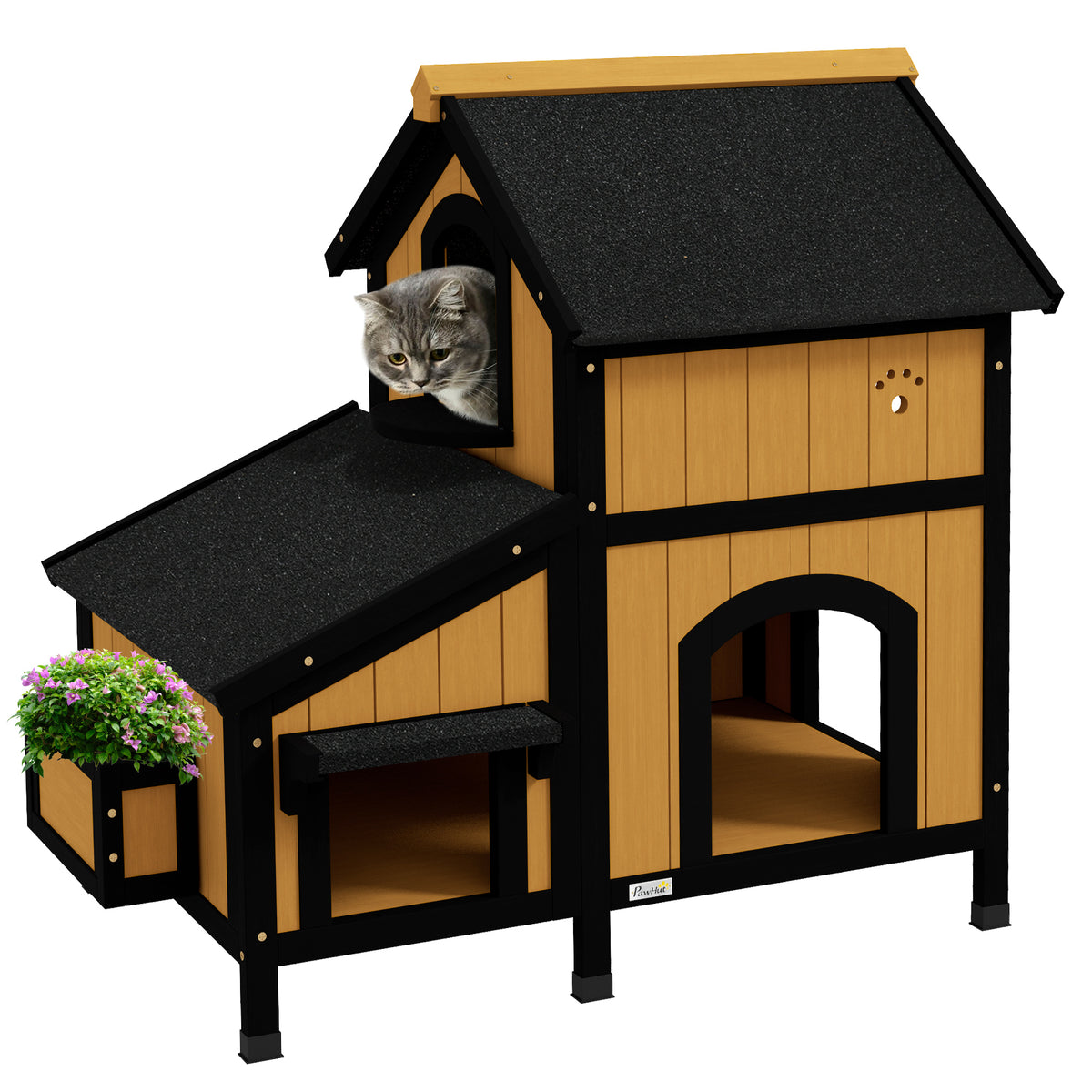 Kattenhuis kattenhut kattenhol, incl. bloembak, 96 cm x 65 cm x 85,5 cm, geel + wit + zwart