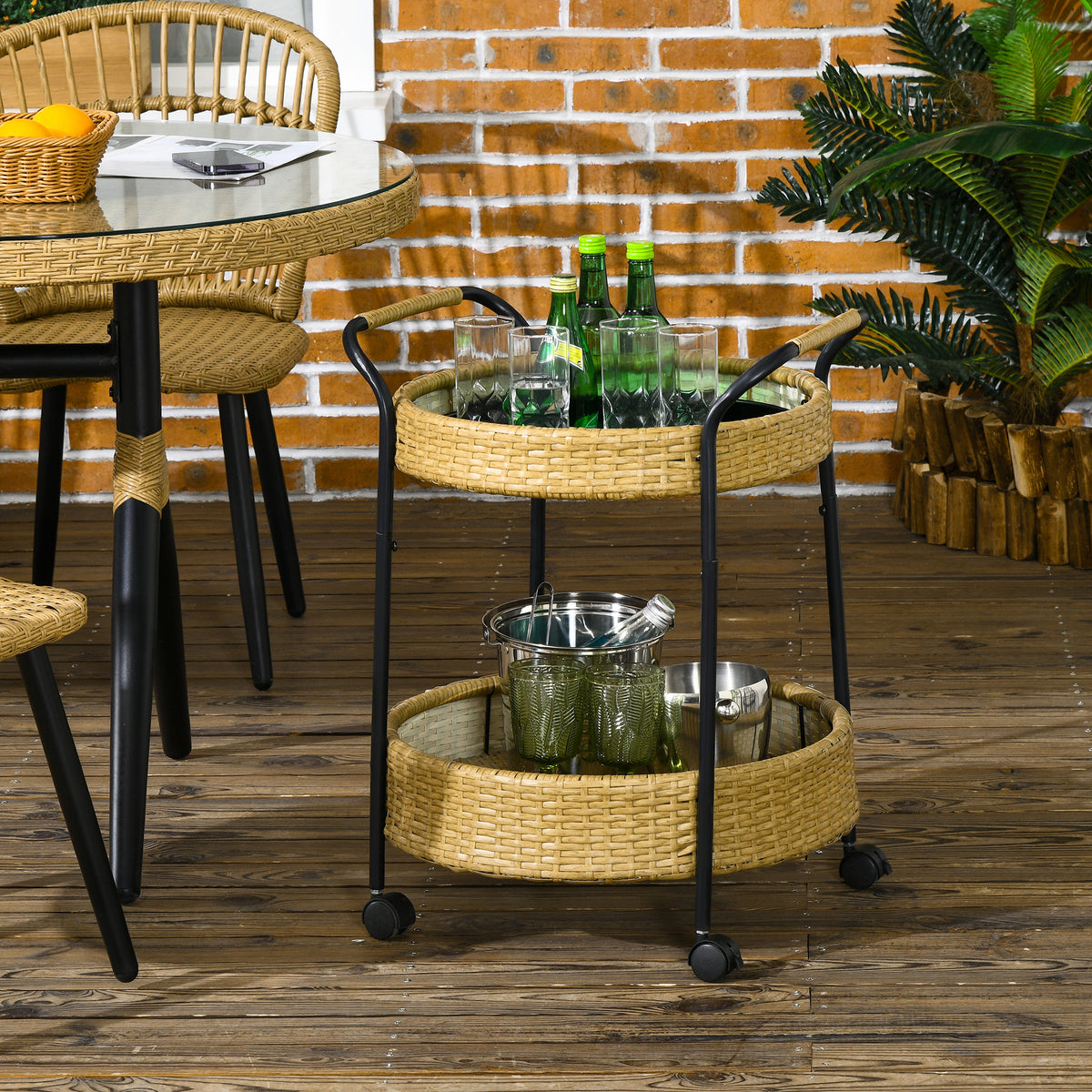 Outdoor serveerwagen, 2 niveaus, remmen, polyrotan, metalen frame, Φ50 x 66H cm, geel (2)