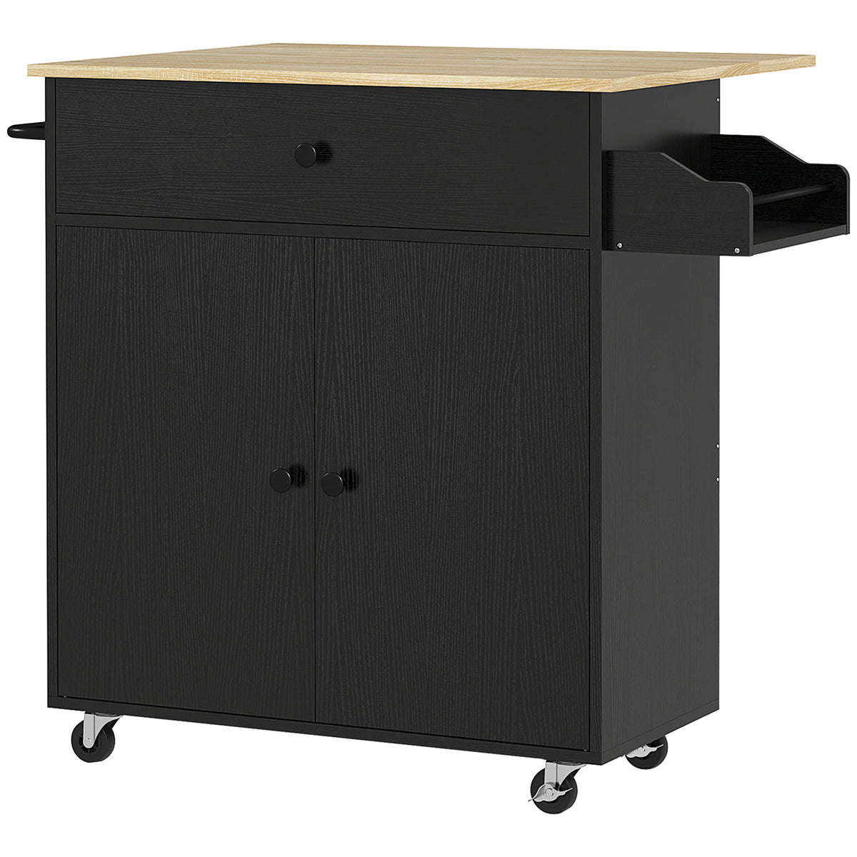 Keukenwagen met lade, kastvak, handdoekstang, 106 x 42 x 87 cm, zwart/eiken