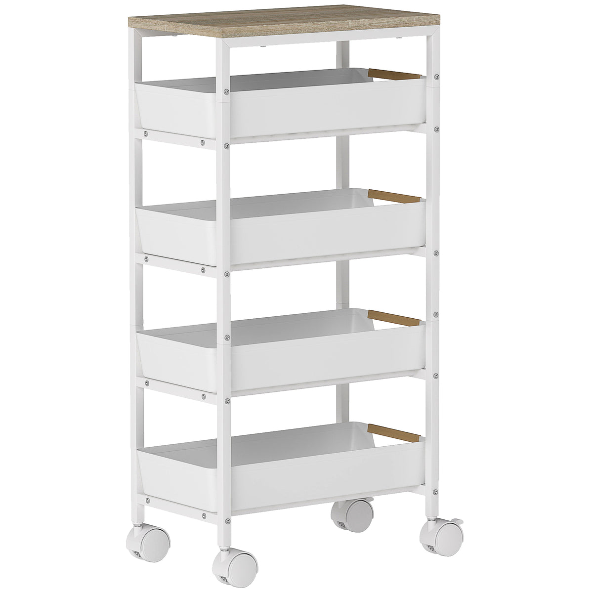 Keukenwagen met 5 niveaus, houtlook, verrijdbaar, metalen frame, 4 lades, wit