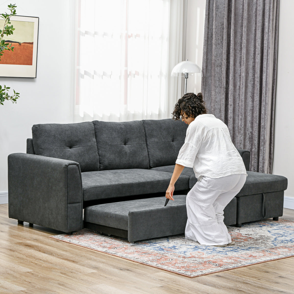 3-zitsbank met slaapfunctie, slaapbank met chaise longue, gestoffeerde bank, donkergrijs (7)