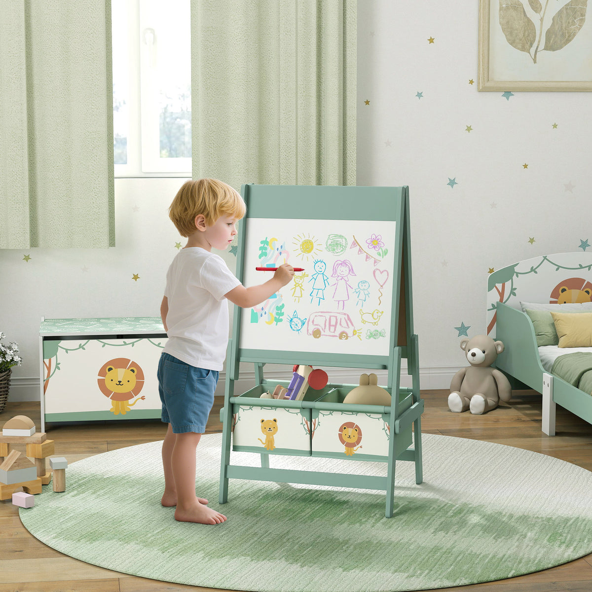 Kinder-ezel 3-in-1 kinderbord met krijtbord, whiteboard, papierrol, 2 opbergbakken, voor 3-8 jaar groen (2)