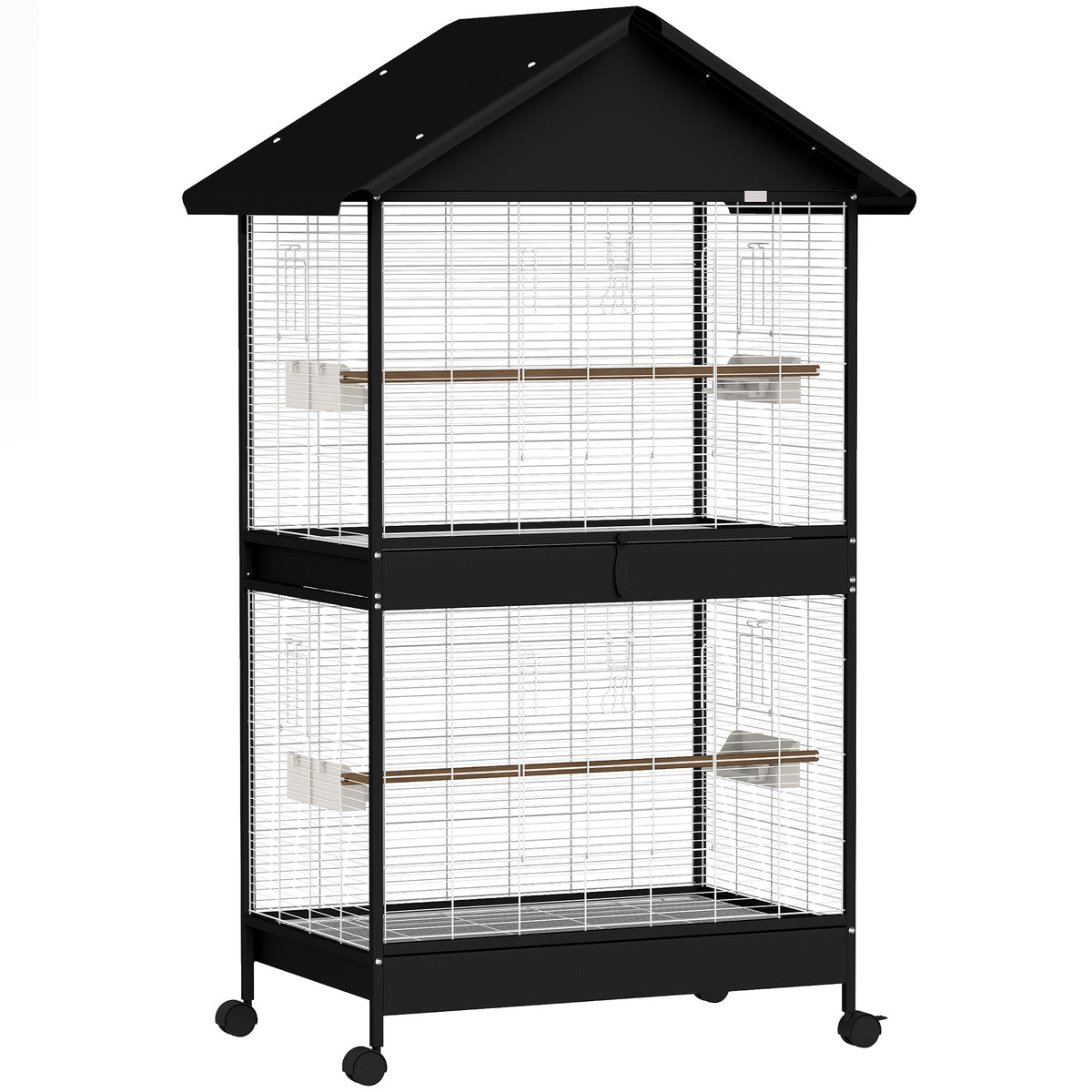 Grote vogelkooi met uitneembare scheidingswand, 2 deuren, 2 houten zitstokken, wielen, 2 schalen, 4 voerbakjes