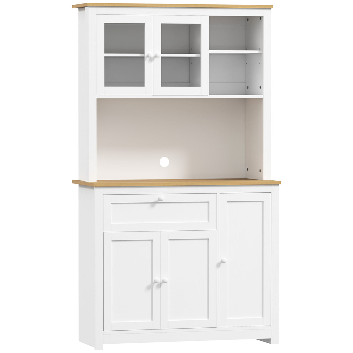 Keukenkast in landhuisstijl, 1 vitrinekast, 1 open schap, 1 lade, 2 kasten, natuur + wit