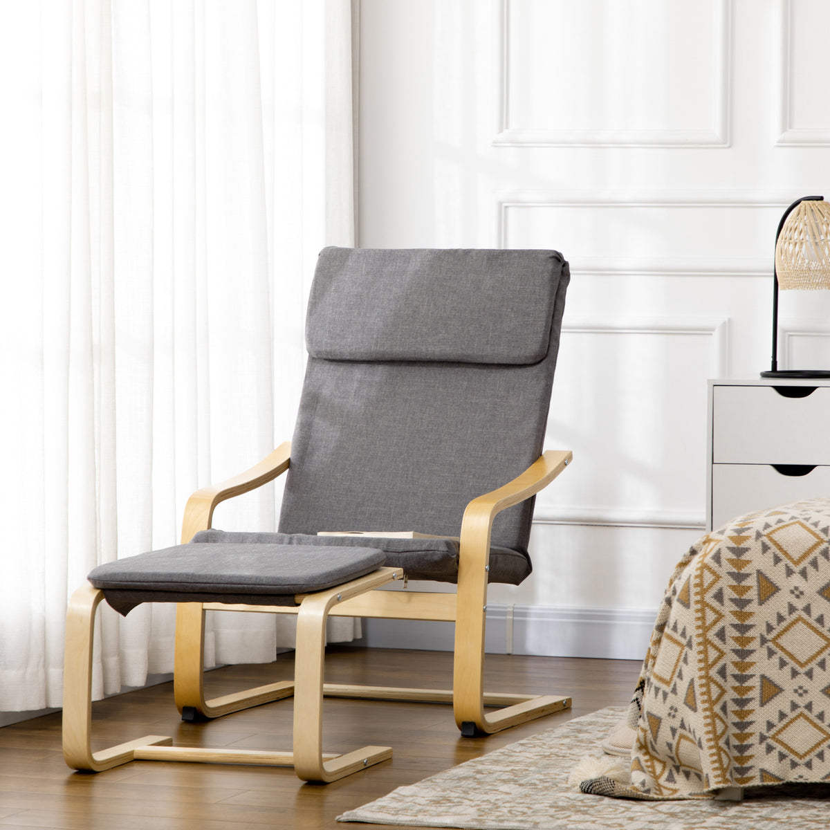 Fauteuil met voetenbank, fauteuilset, tot 120 kg, linnenlook, massief hout, grijs + naturel, 66,5 x 80 x 99 cm (2)