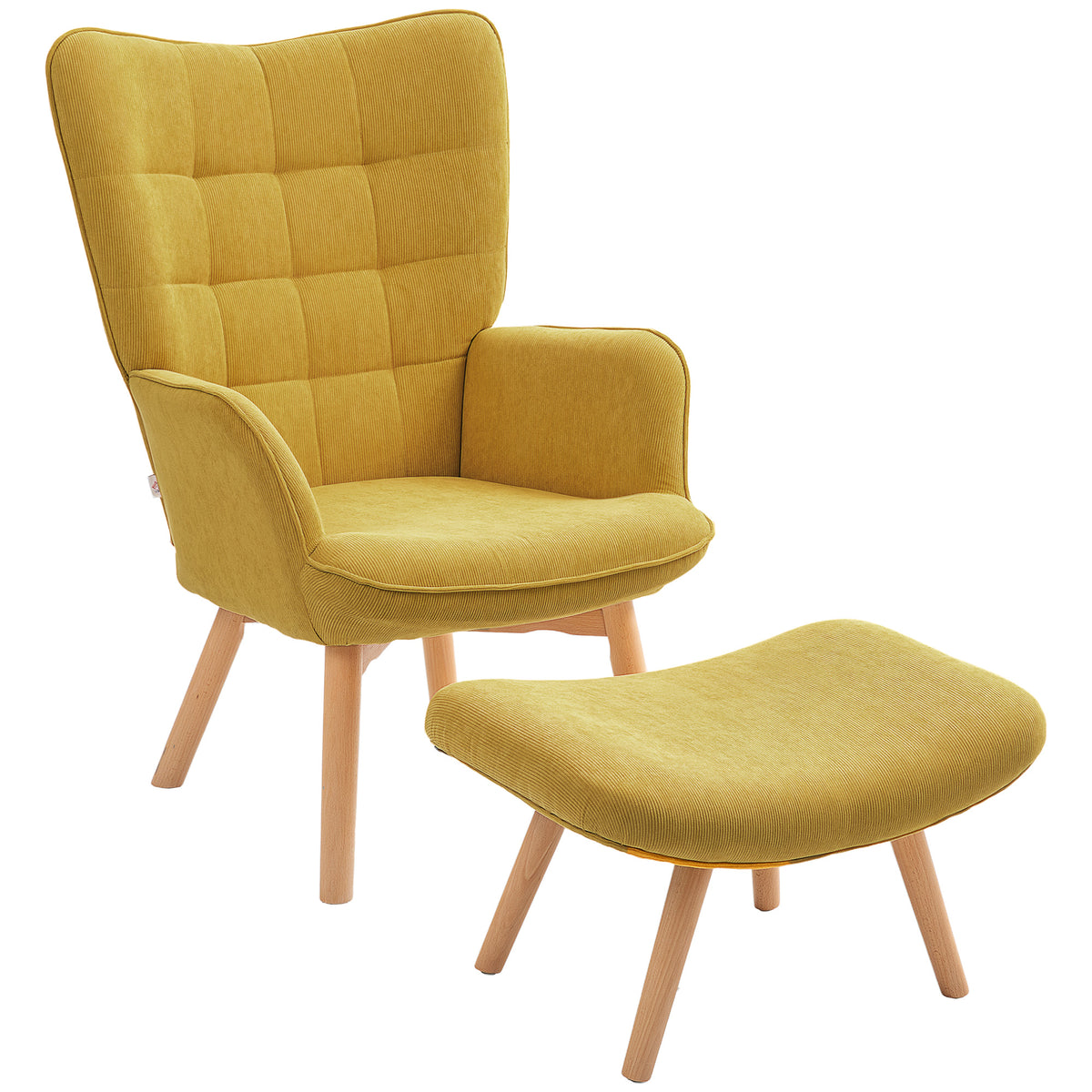 Accentfauteuil met hocker, relaxfauteuil in ribfluweel-look, armstoel met houten poten, voor woonkamer, oranje