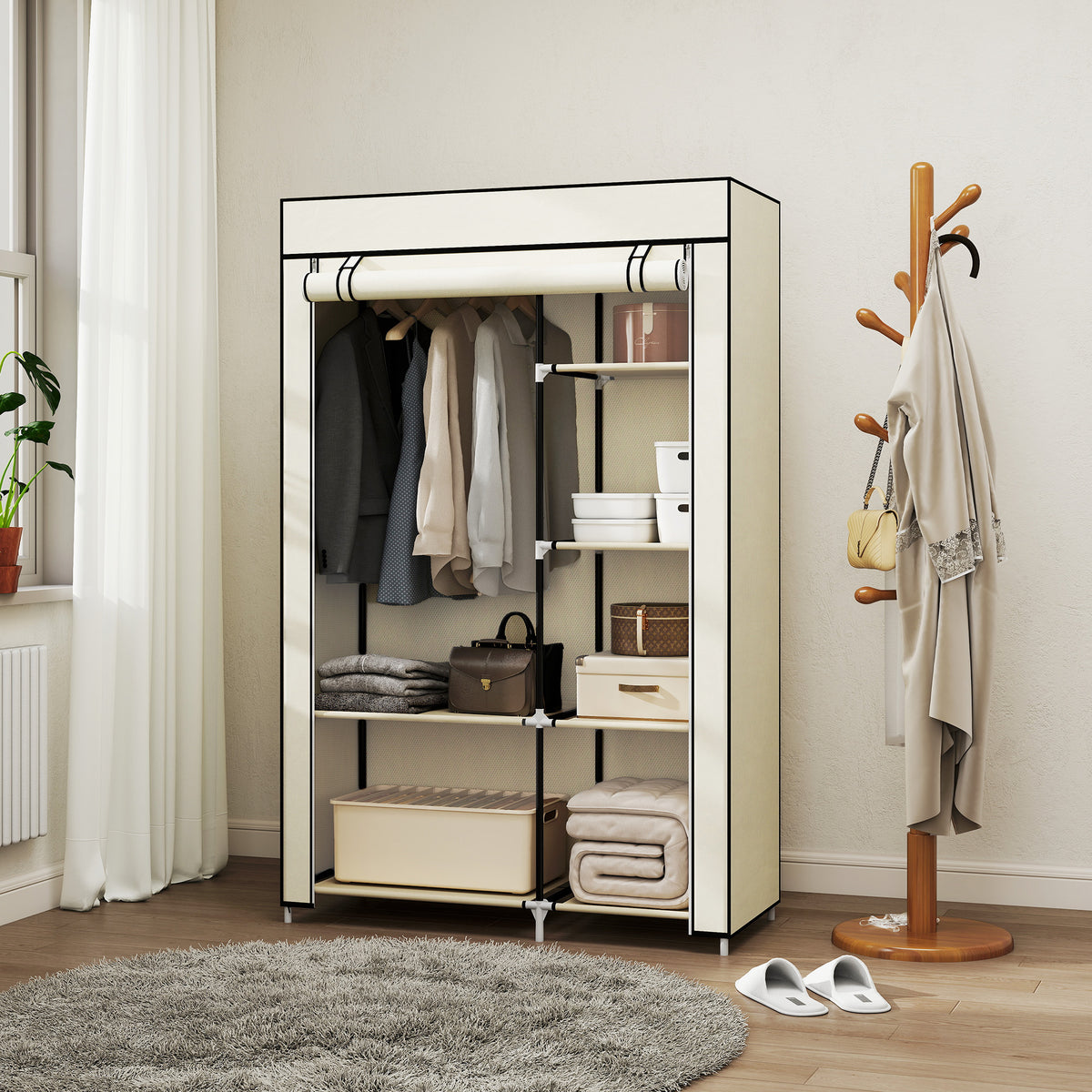 Stoffen kast, opbergoplossing, 6 planken, 1 kledingroede, crème (2)