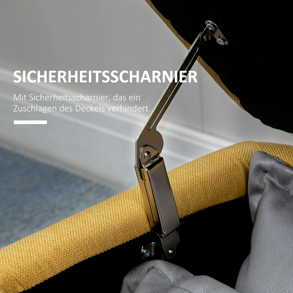 Zitbank, opbergbank, gestoffeerde bank, linnenlook, tot 150kg, 101x38,5x44,5 cm, geel (7)