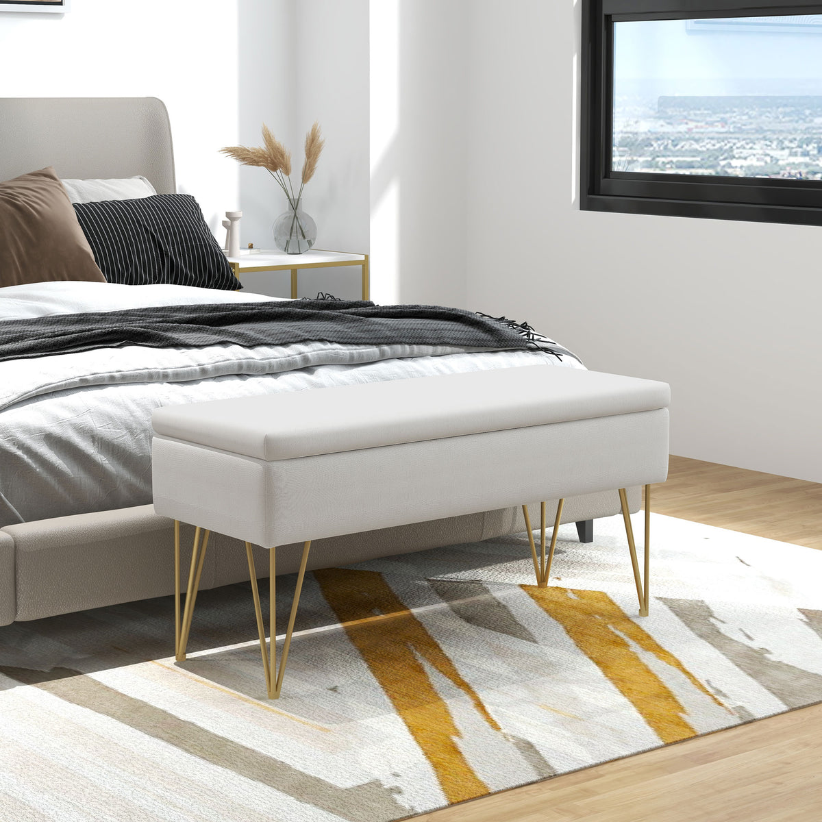 Bedbank met opbergruimte, dikke bekleding, ademende stof, stalen poten, 100x40x49 cm, crème (2)