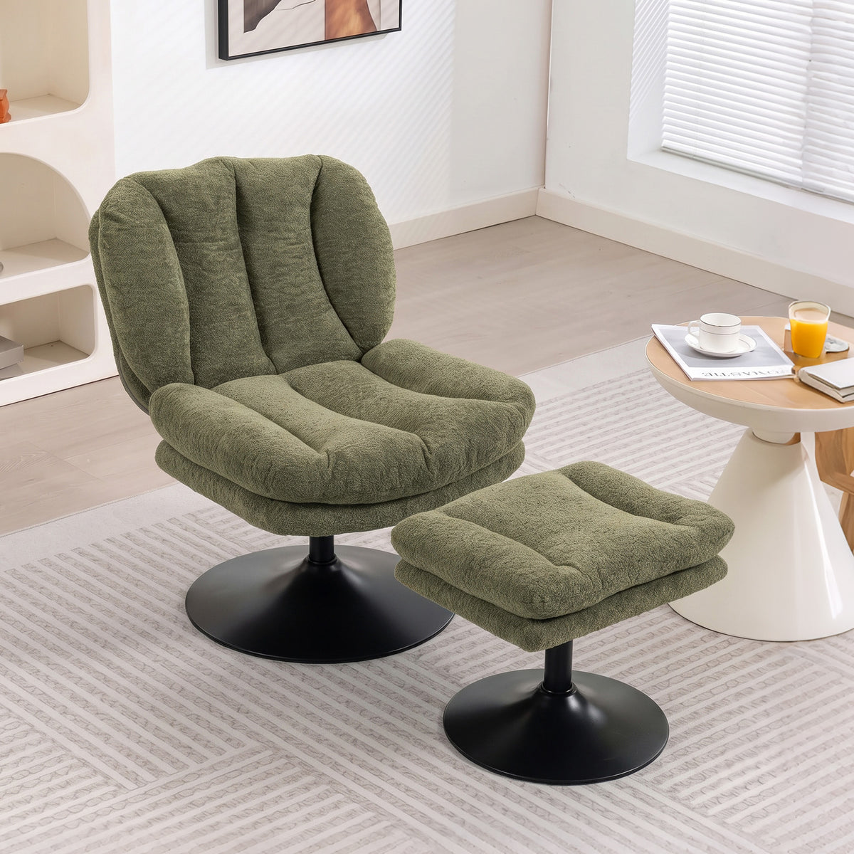 Loungestoel met hocker, 360° draaibaar, van Raindrop-fluweel, in hoogte verstelbare voetenbank, groen (2)