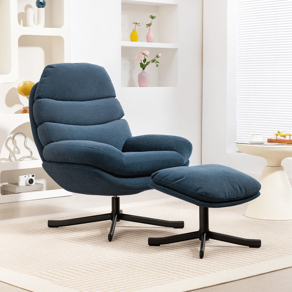 Relaxfauteuil met voetenbank, loungestoel met chenillestof, moderne tv-fauteuil, 78 x 93 x 100 cm, blauw (2)