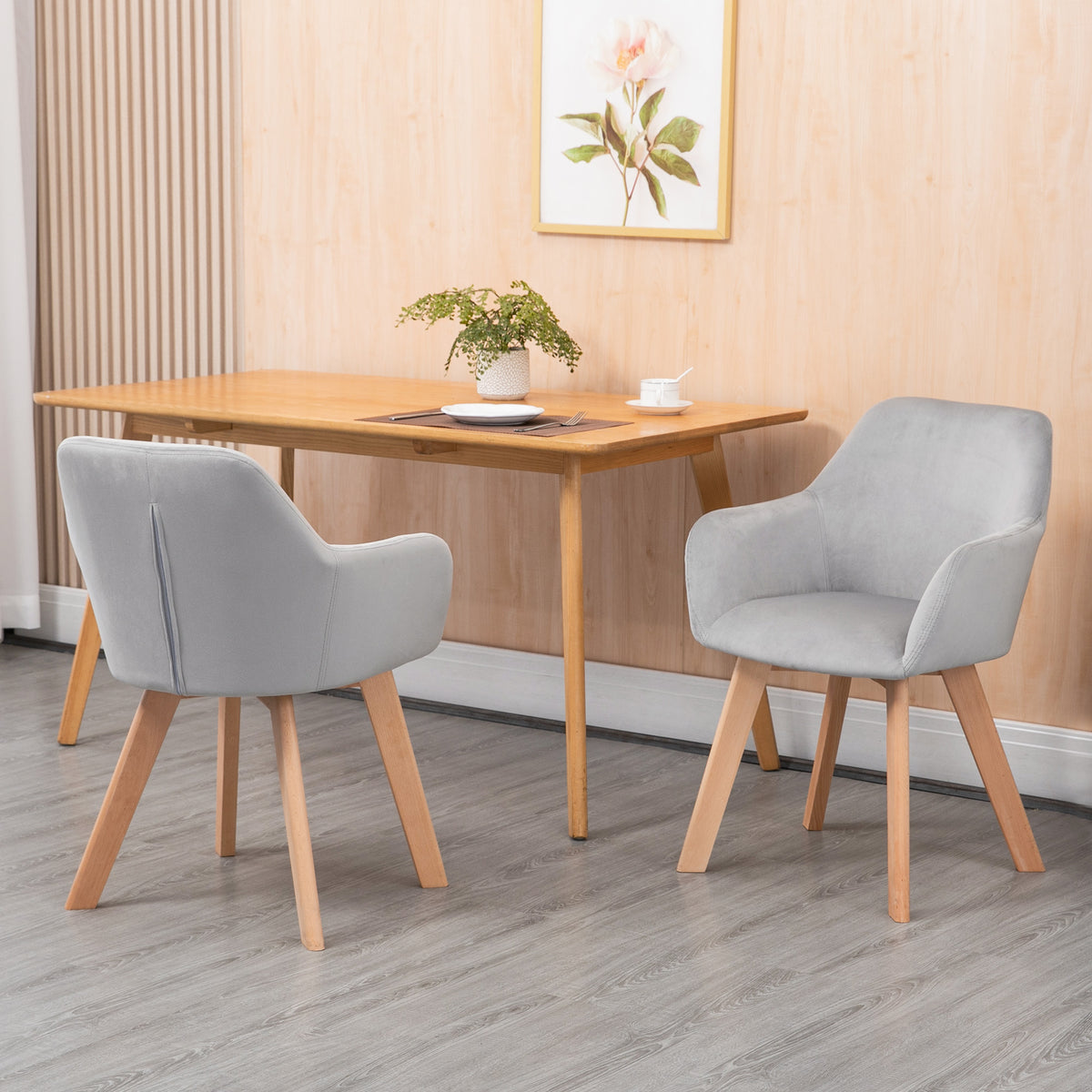 Set van 2 stoelen, eetkamerstoelen, fluweel-look, houten poten, 54 cm x 57 cm x 80 cm, grijs + naturel (2)