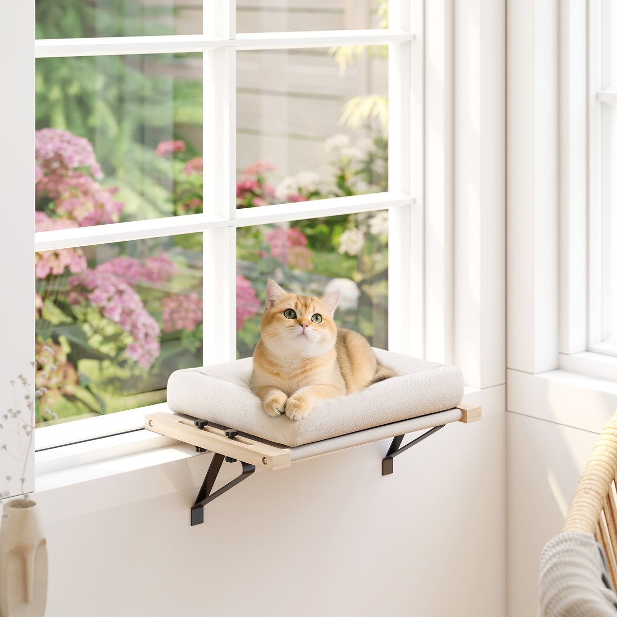 Kattenhuis met houder voor vensterbanken en verwarmingen, kussen, houten frame, wit (2)
