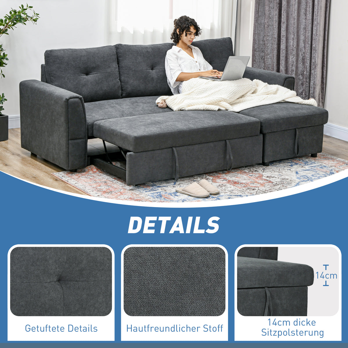 3-zitsbank met slaapfunctie, slaapbank met chaise longue, gestoffeerde bank, donkergrijs (6)