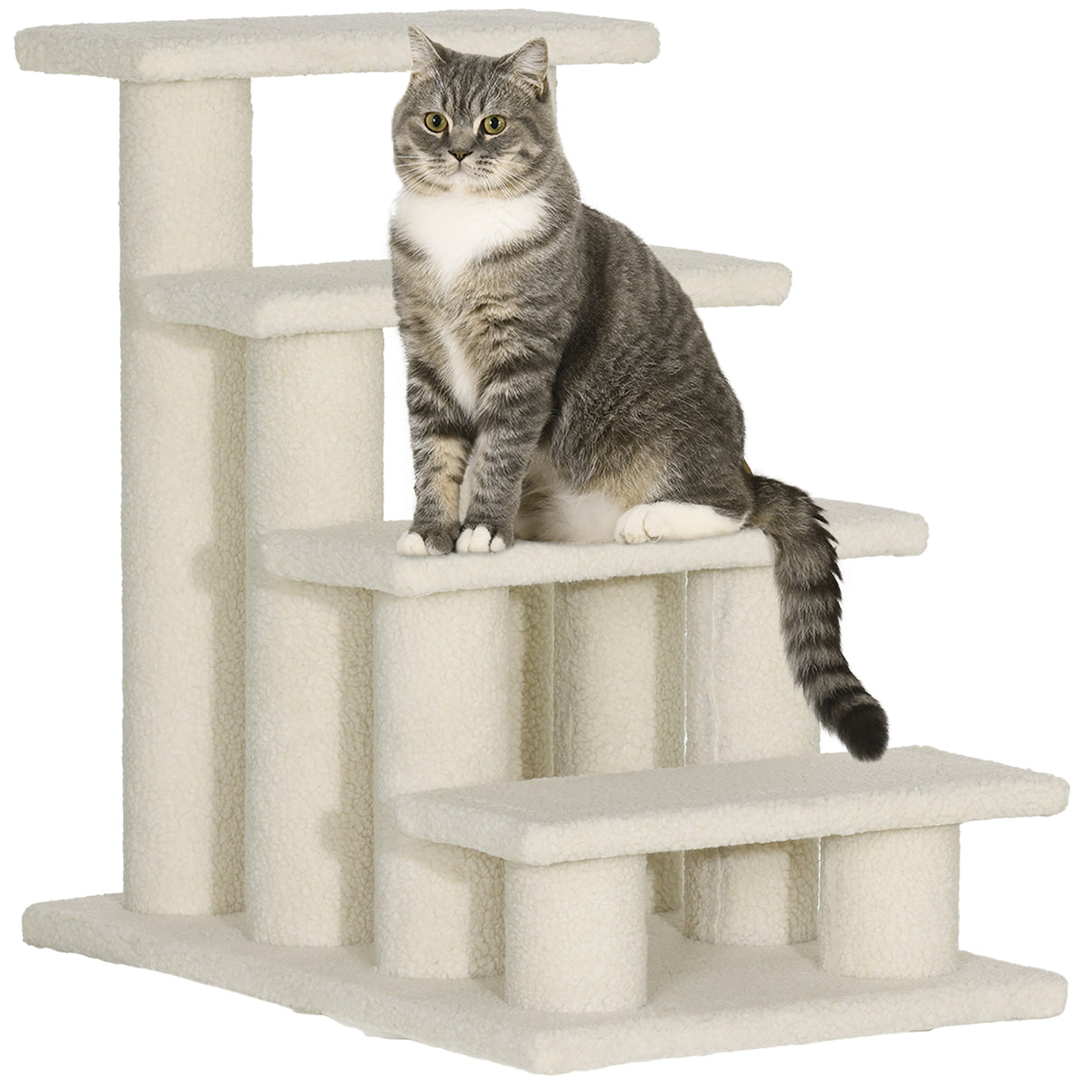 Kattentrap 4 treden huisdiertrap trap voor kat huisdiertrap hondentrap van pluche 61 x 41 x 60 cm crèmewit