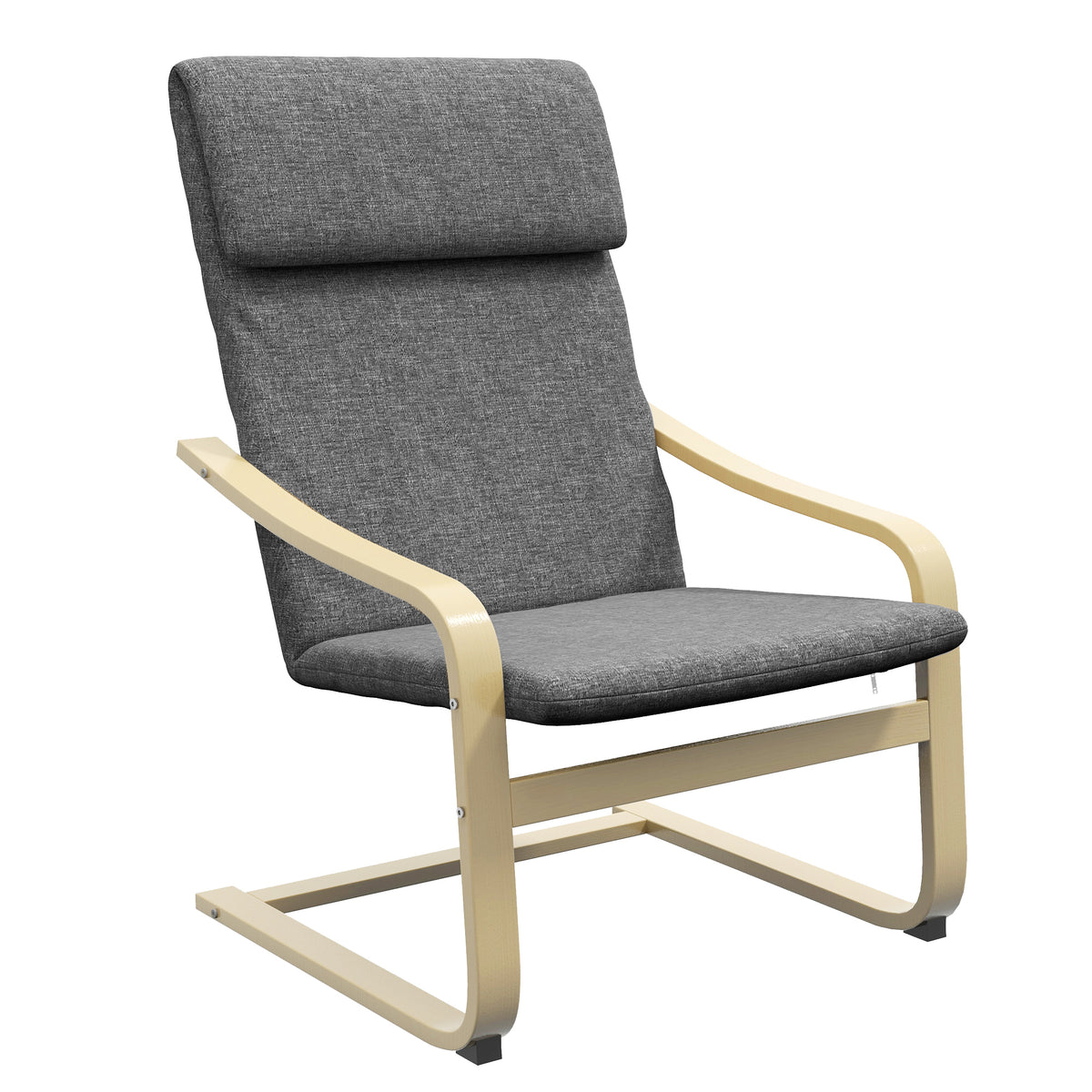 Fauteuil met hoofdsteun en armleuningen, bekleding in linnenlook, houten frame, grijs + naturel