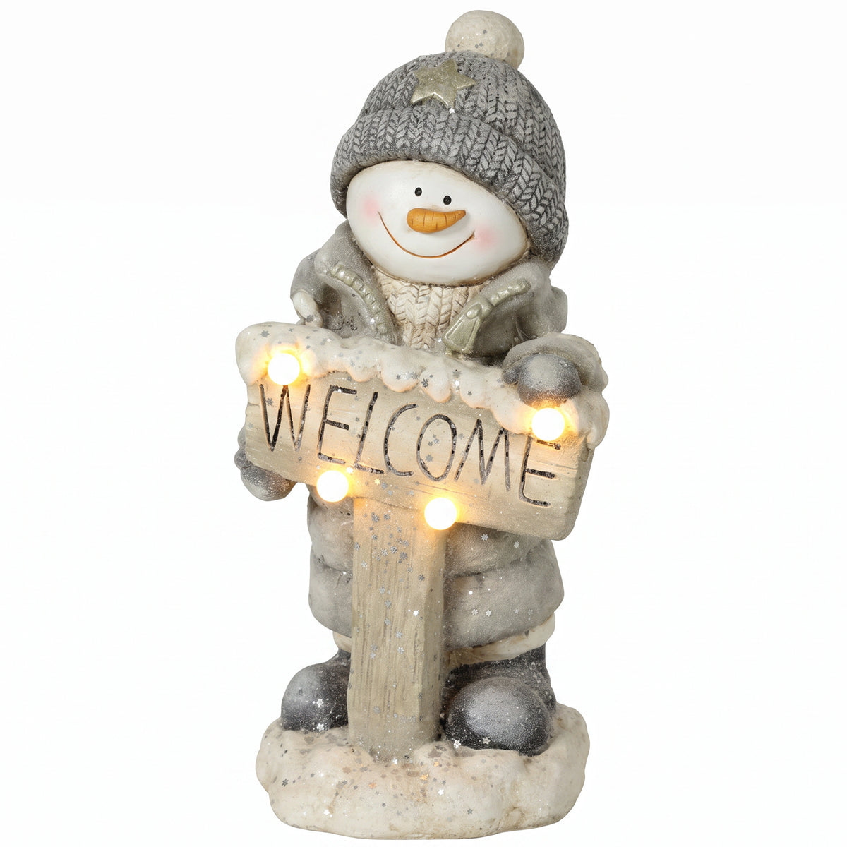Kerstdecoratie sneeuwpopfiguur, verlicht kerstbeeld van MGO met Welcome-bord, leds en dagtimer
