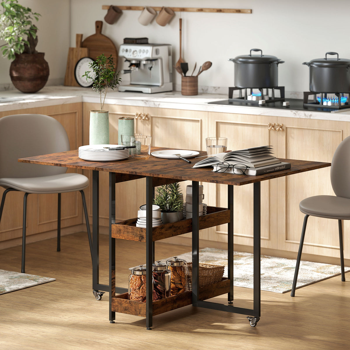 Opvouwbare eettafel in industrieel design, voor maximaal 4 personen, open planken, flexibel, metaal, spaanplaat (2)