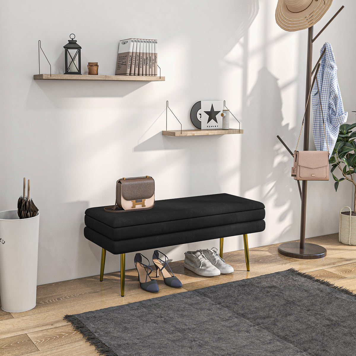 Zitbank gestoffeerde bank, met opbergruimte, staal, 100 cm x 37,5 cm x 42 cm, zwart (2)