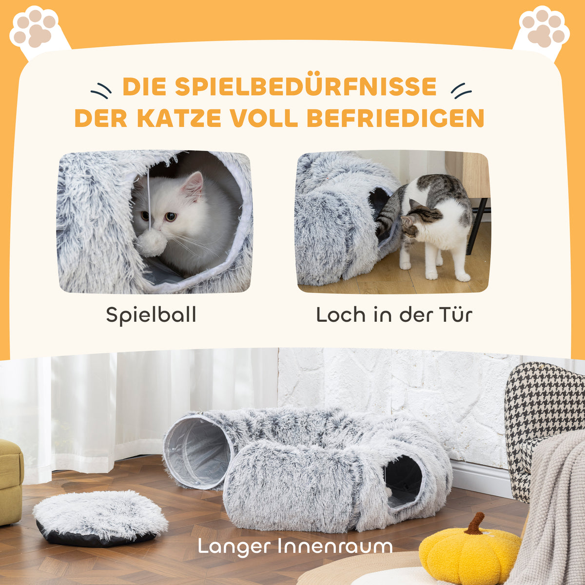 Kattentunnel, pluche, kussen, opvouwbaar, metalen frame, kattenhol, lichtgrijs (6)